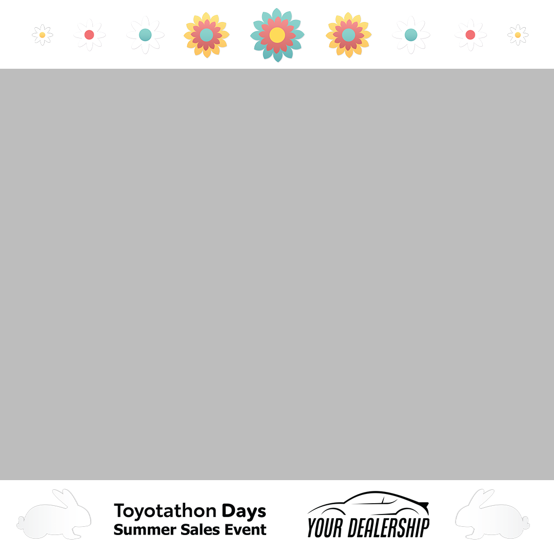 Colorful daisies and flowers on a string, with two white rabbits at the bottom corners of the image.