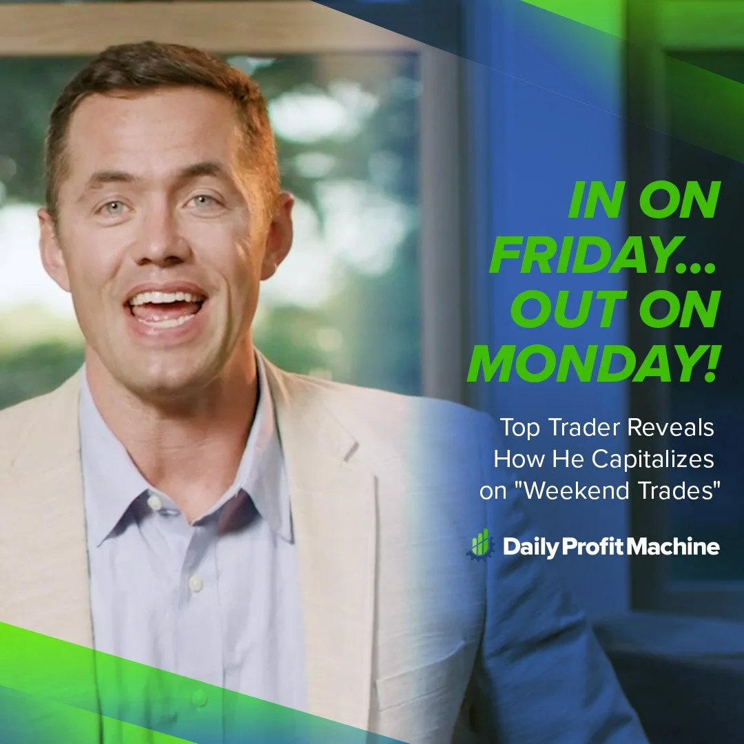 Man smiling, in a business suit, on a promotional banner for Daily Profit Machine with text about weekly trading tips.