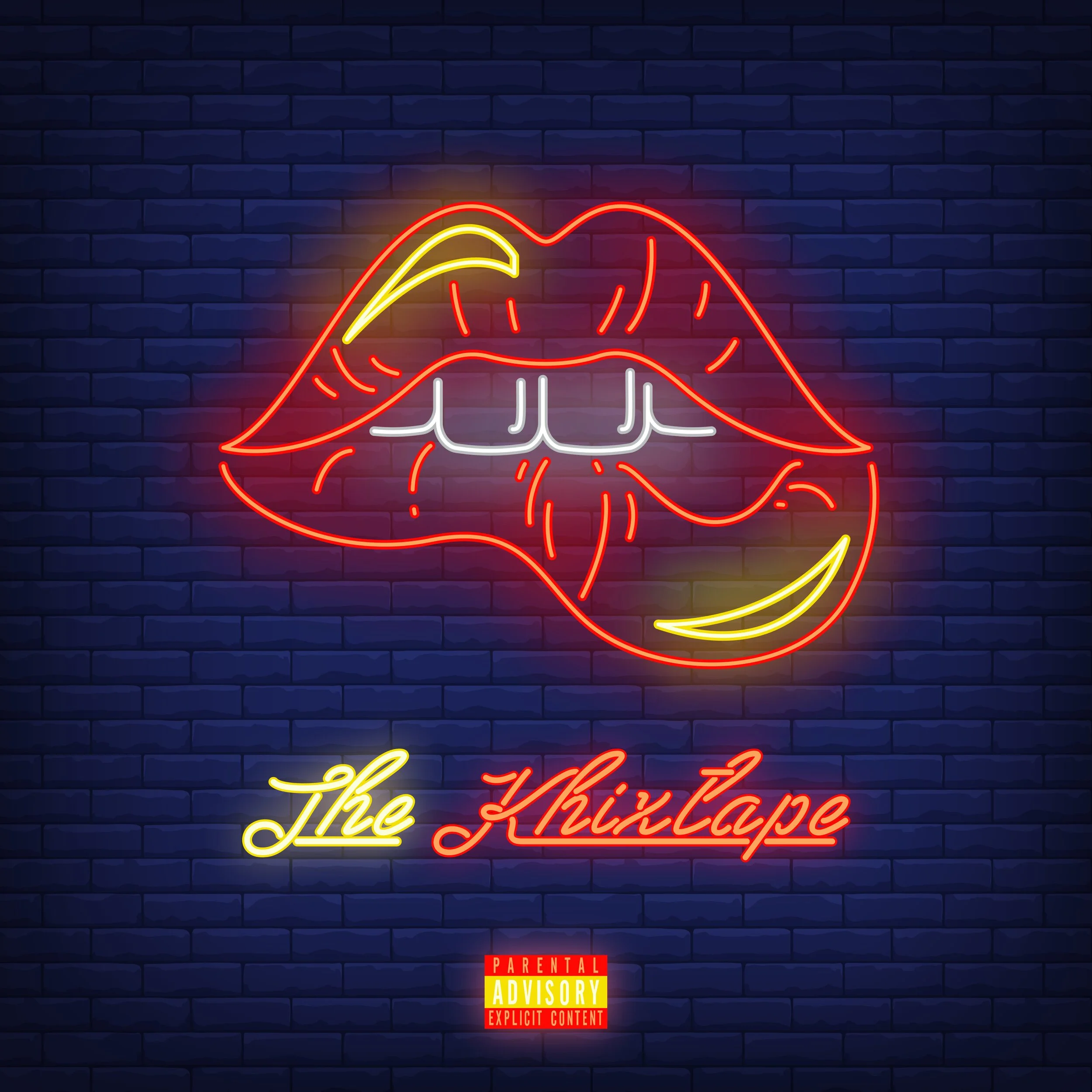 Neon sign of red lips with teeth and tongue, with yellow accents on the lips and tongue, against a dark brick wall background. Underneath, the text reads 'The KixTape' in yellow and red script. There is also a parental advisory warning label at the b