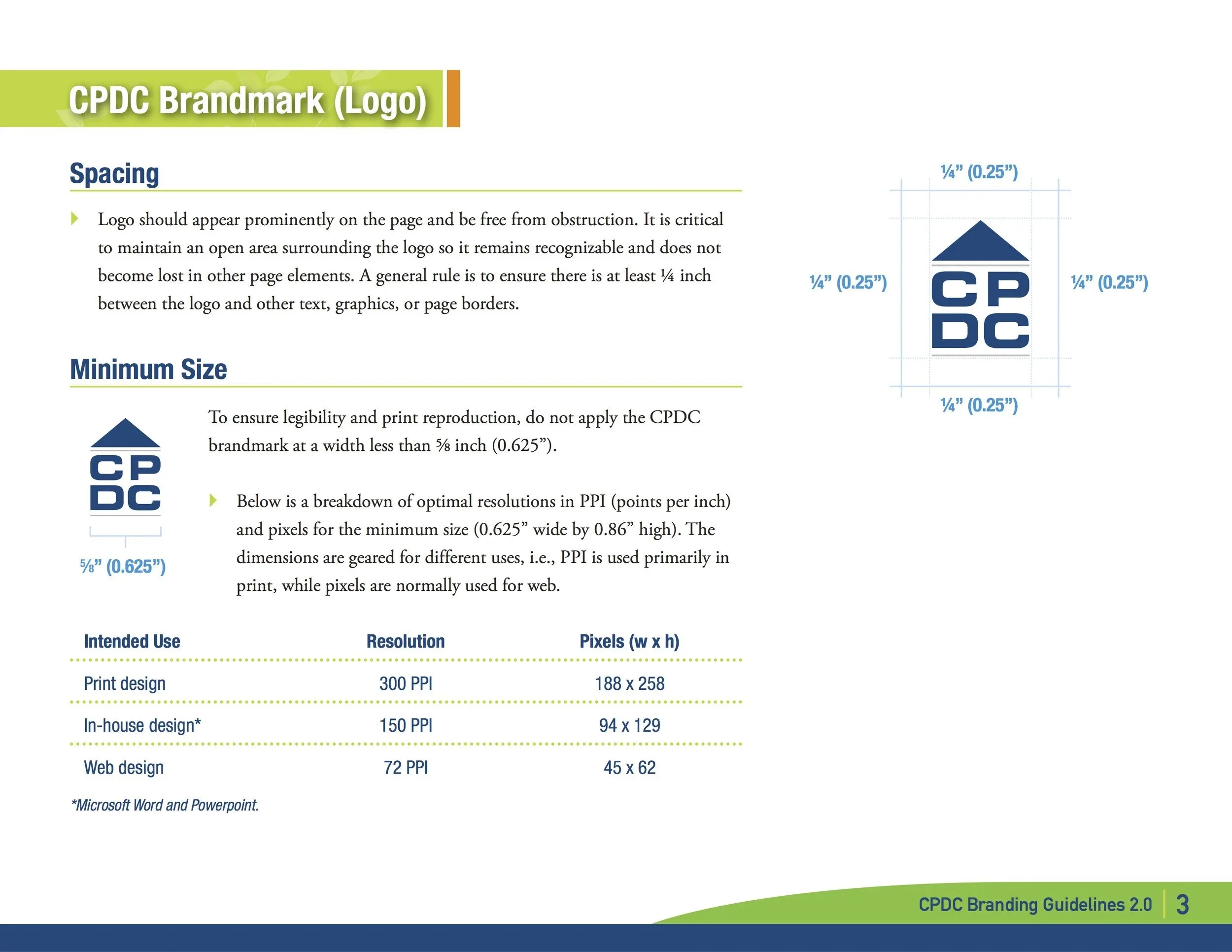 A page from a branding guidelines document with the title 'CPDC Brandmark (Logo)'. It contains rules on spacing around the logo, with a diagram showing the required distances of ¼ inch (0.25") on all sides. The left column features the logo, a blue t