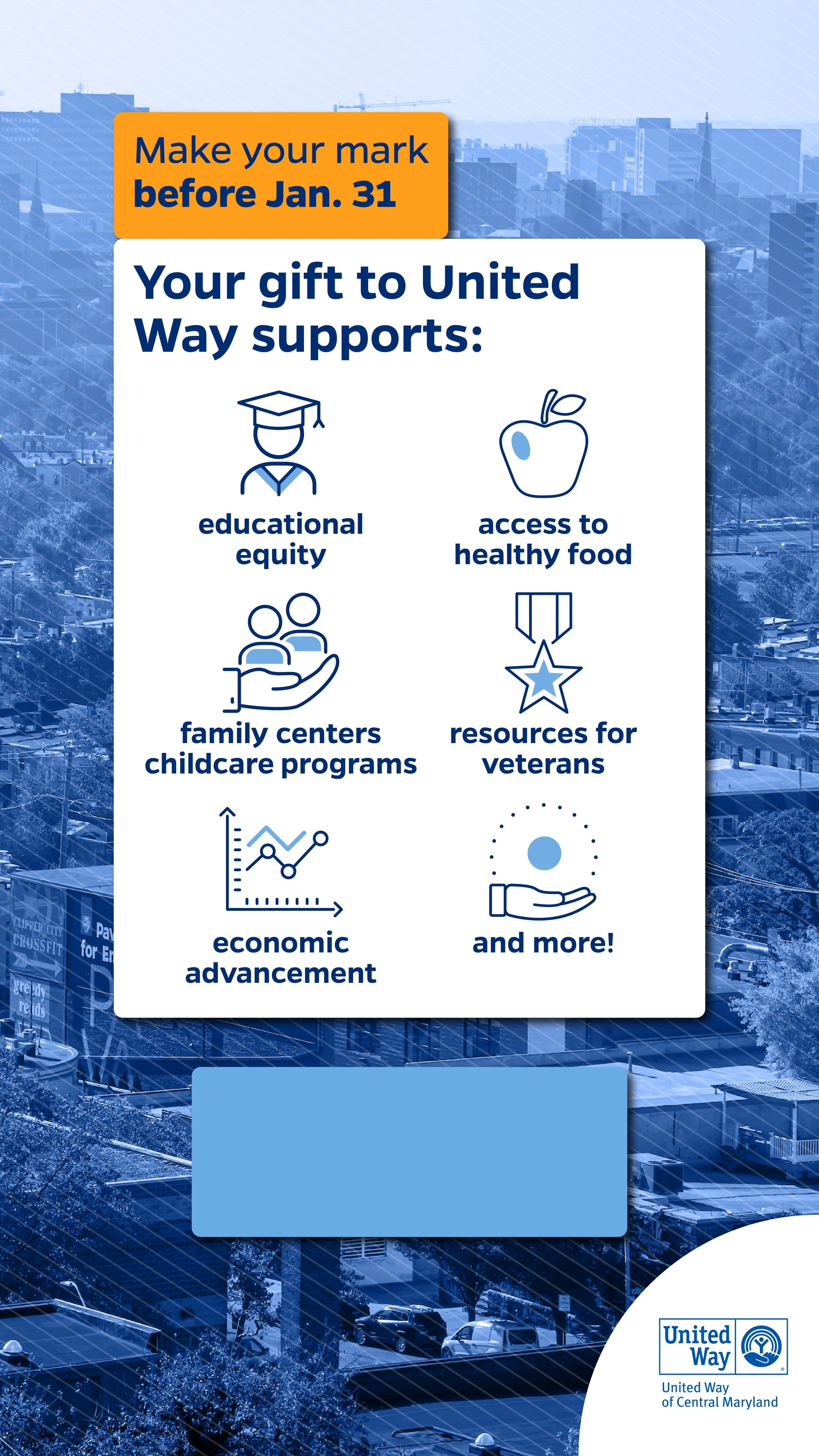 Poster from United Way of Central Maryland with a blue cityscape background, promoting donations before Jan. 31 to support educational equity, access to healthy food, family centers childcare programs, resources for veterans, economic advancement, an