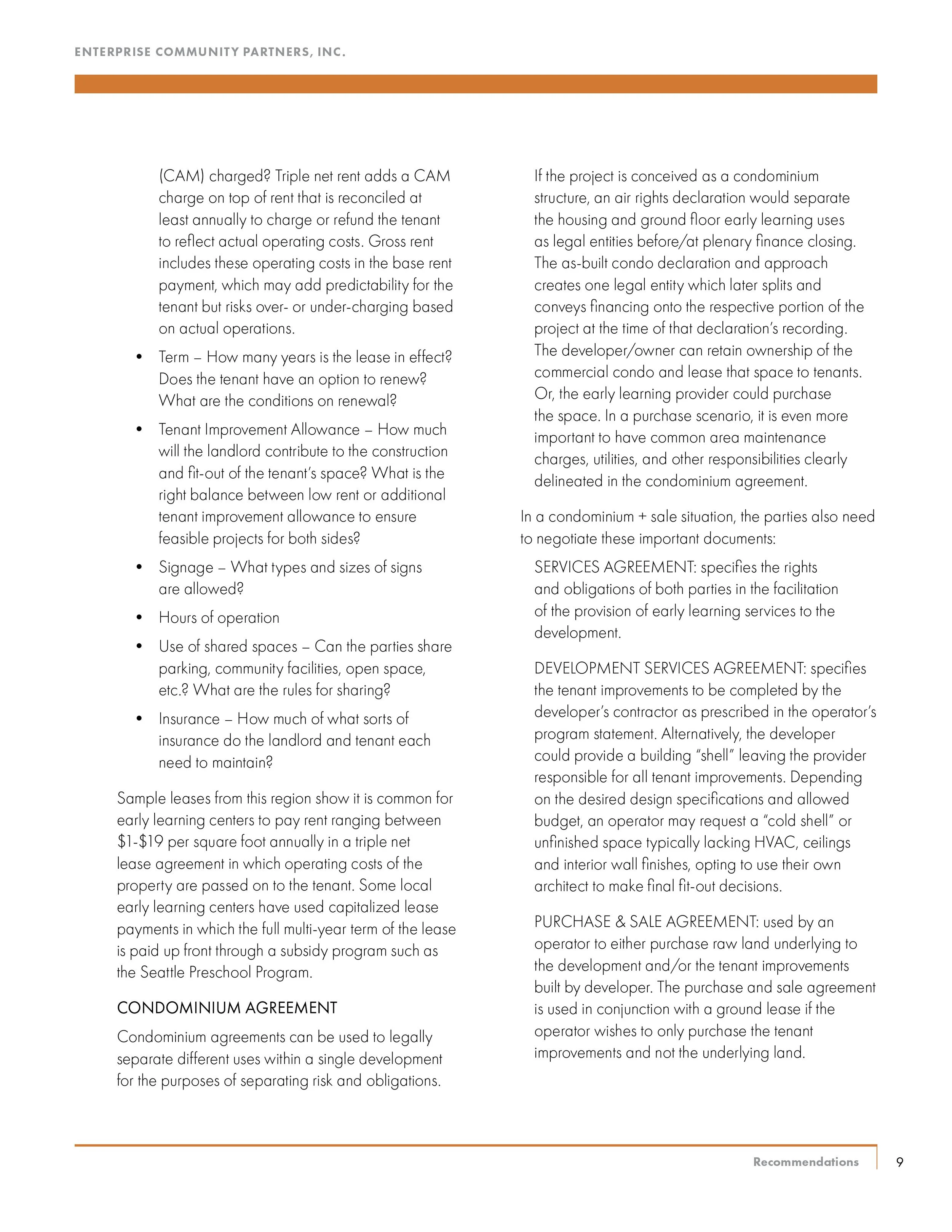 Page from a booklet or report titled 'Enterprise Community Partners, Inc.' with columns of text discussing lease terms, condo agreements, and project financing, separated by orange and gray lines.