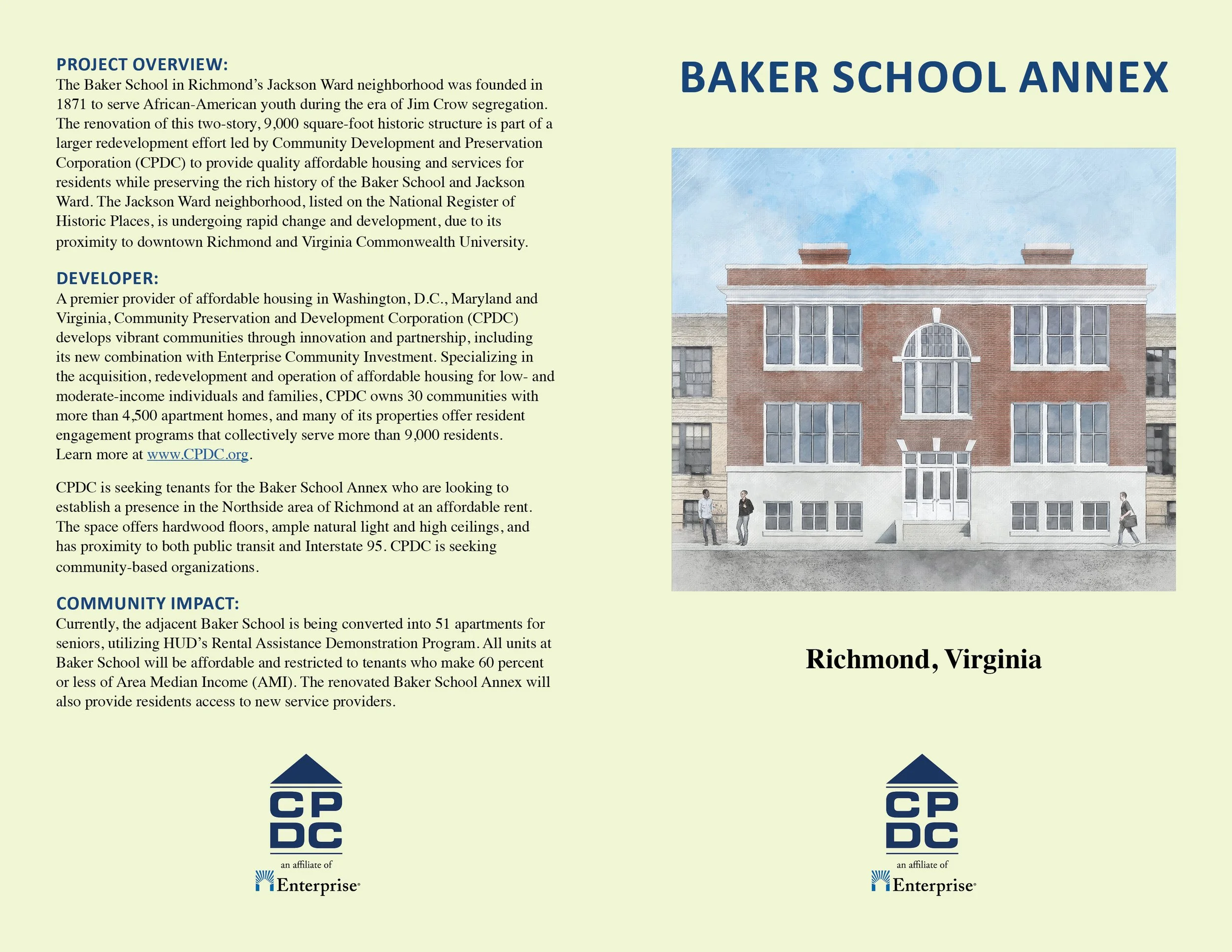 Flyer for Baker School Annex in Richmond, Virginia, showing an illustration of the historic building and text describing its project overview, developer information, community impact, and logos of the Community Preservation and Development Corporatio