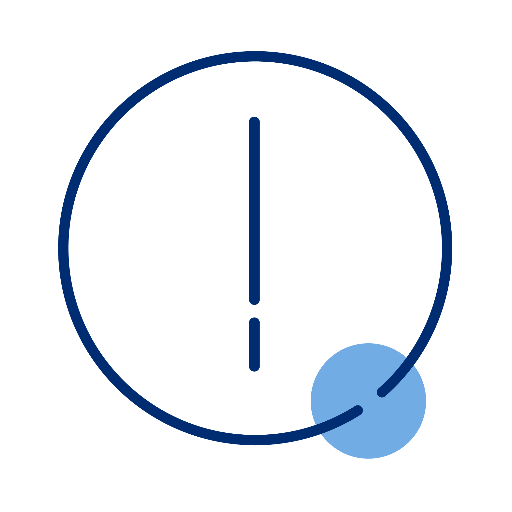 A circle forming a clock with a small circle at the bottom right side connected to the clock with a curved line, all in dark blue color.