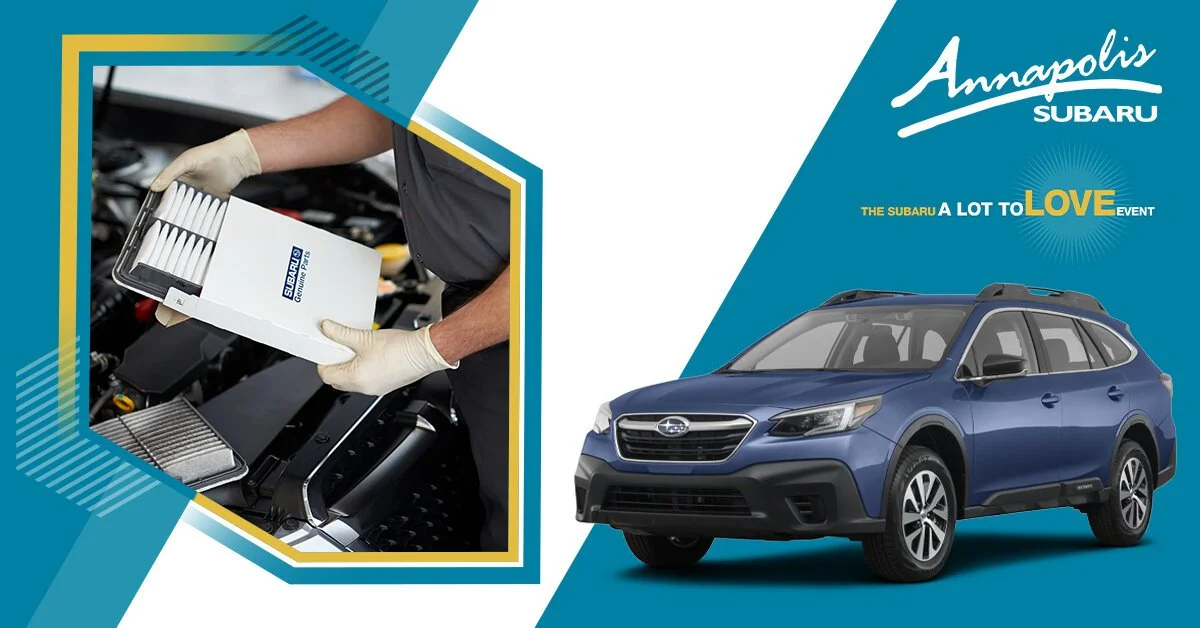 A Subaru car is shown with branding for Annapolis Subaru and the slogan "A lot to love." An inset image shows a person wearing gloves holding a box of oil filters over the engine of a car.