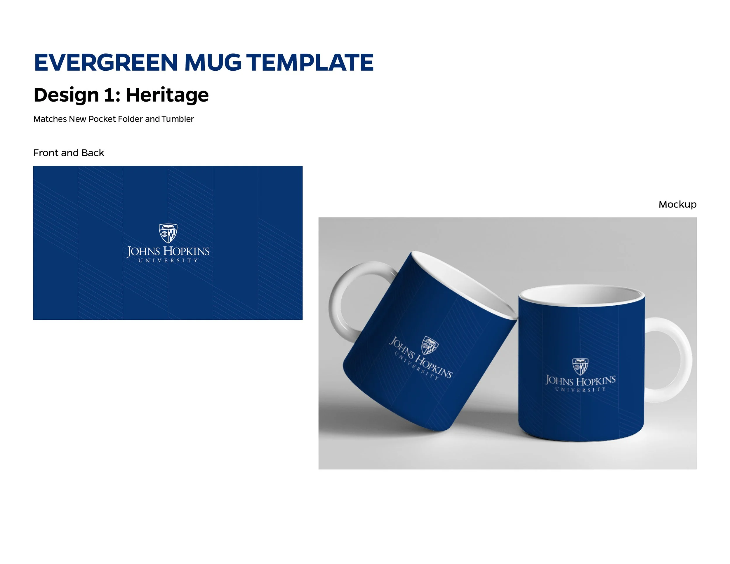 Mockup of a blue mug with John Hopkins University logo, showing front and back views and design details.