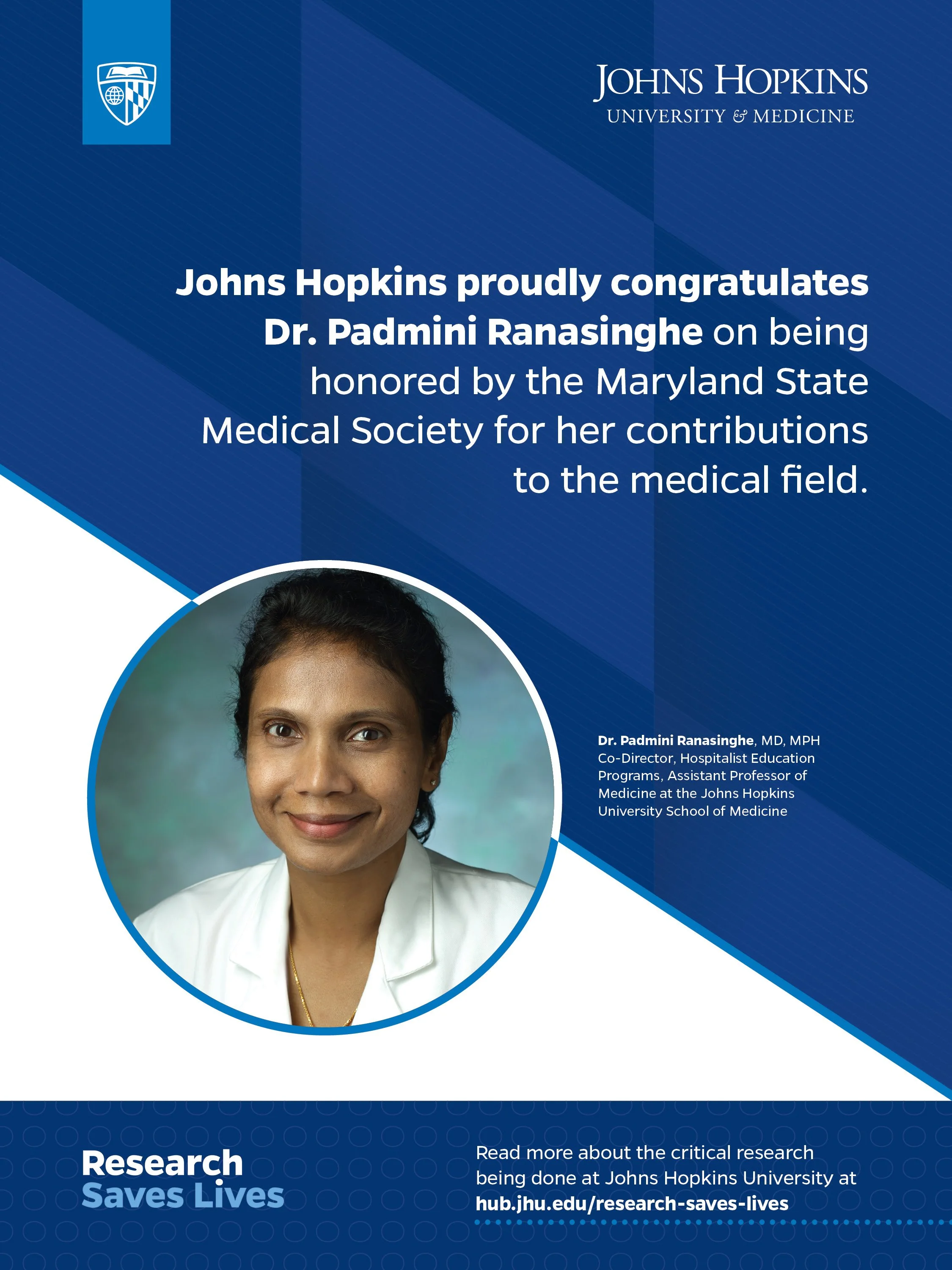 A digital poster celebrating Dr. Padhmini Ranasinghe being honored by Johns Hopkins University School of Medicine for her contributions to the medical field, featuring her photograph and university logos.