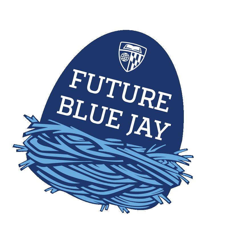 A blue egg-shaped logo with a shield at the top featuring a globe and checkered pattern. Inside the egg, the text reads "Future Blue Jay" above a nest of blue lines resembling woven straw.