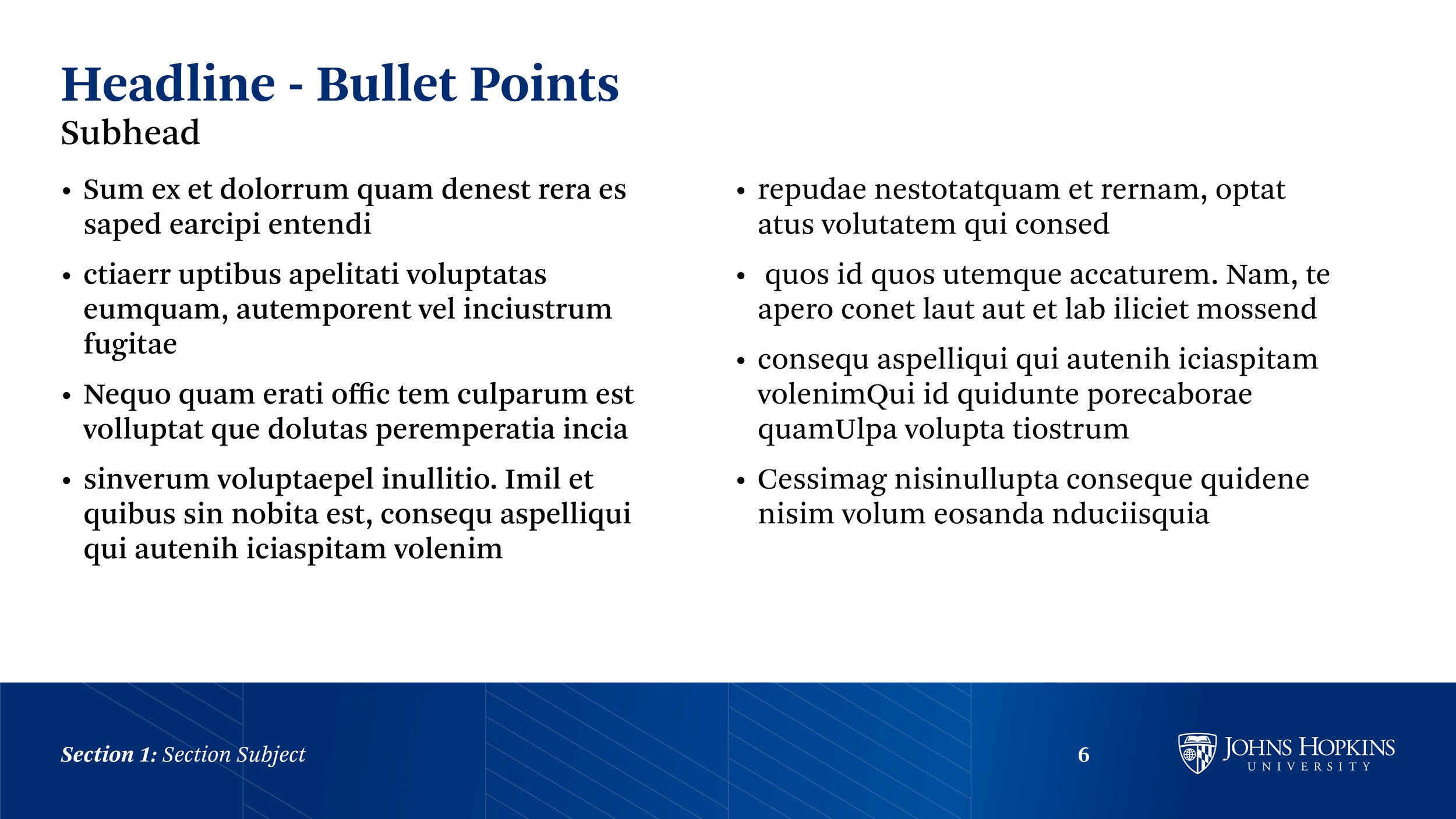 A presentation slide from Johns Hopkins University titled 'Headline - Bullet Points' with a subhead 'Subhead'. The slide contains two columns of bullet points with placeholder text. The bottom section has a blue background with white text, mentioning