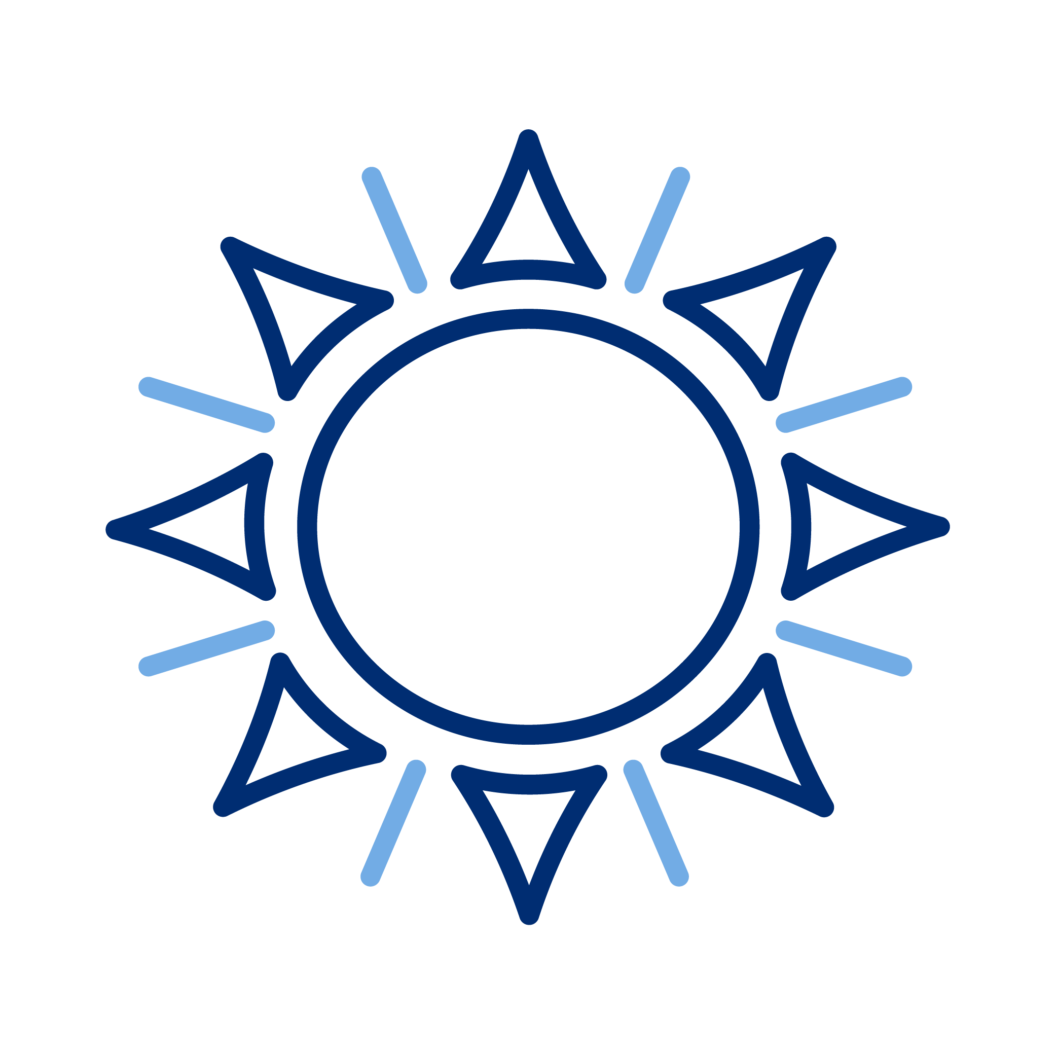 Stylized sun icon with alternating triangles and lines representing sun rays on a black background.
