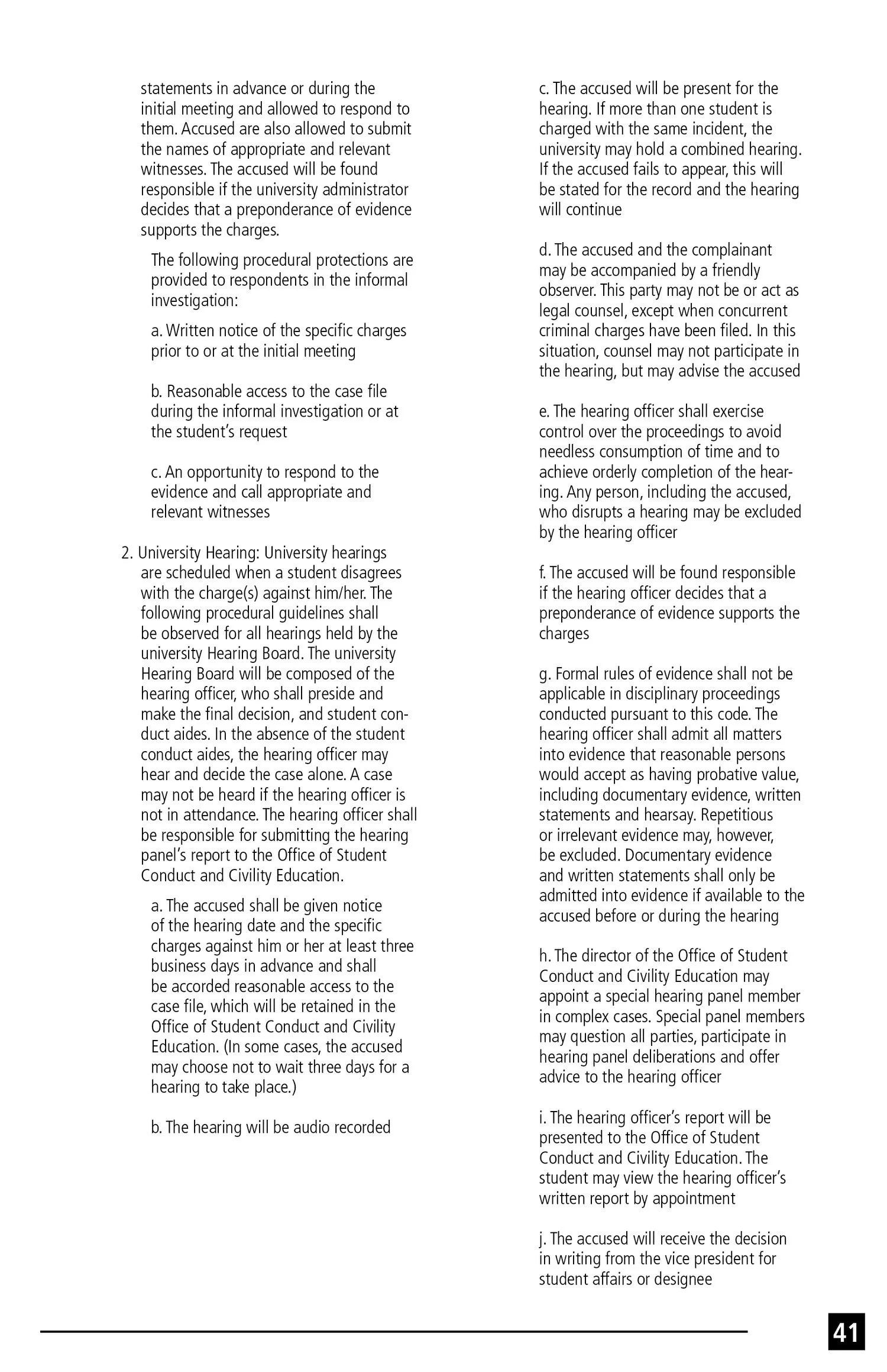 Text document with guidelines for university hearings, including procedures for presenting evidence, hearing arrangements, and decision processes.