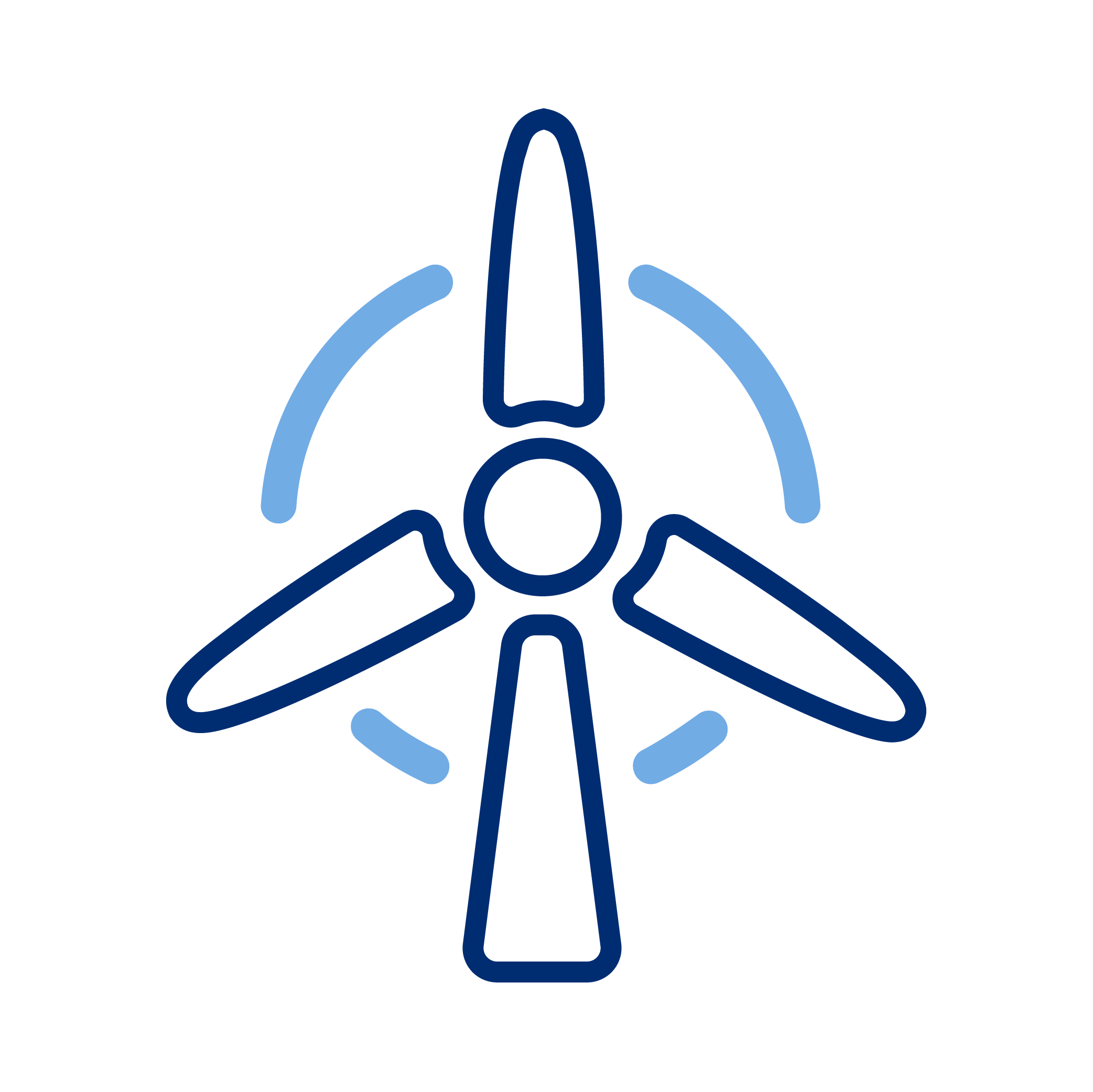 Stylized outline of a wind turbine with three blades in blue, against a black background.
