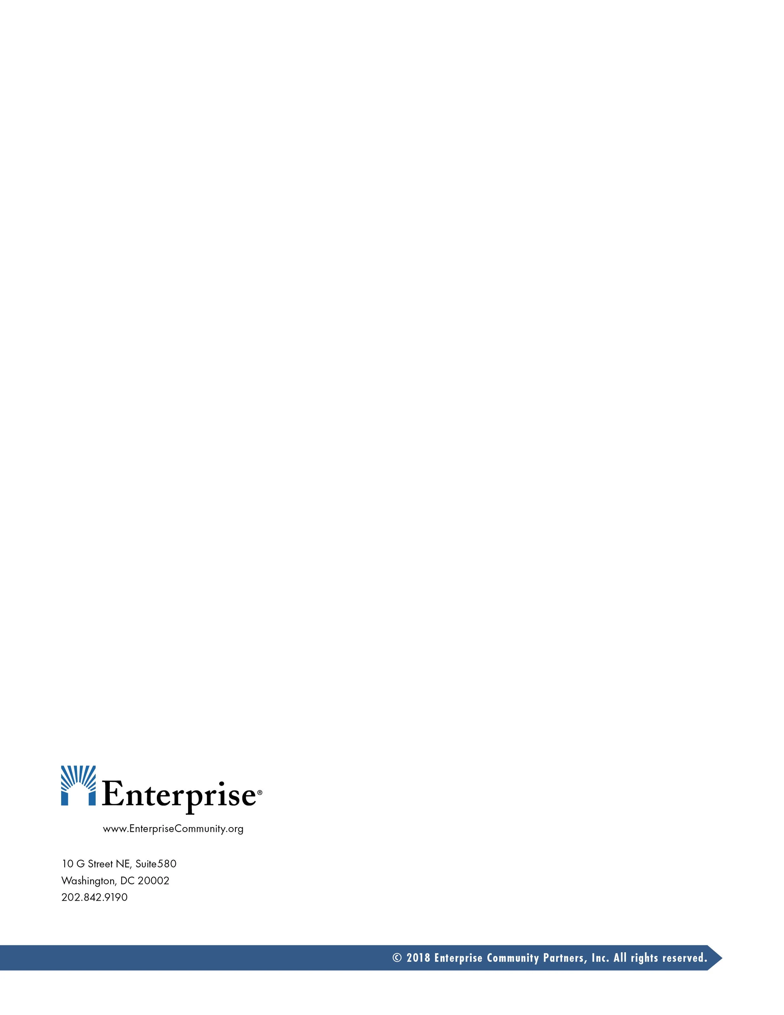 Back cover of a brochure with the Enterprise logo, address, phone number, website, and copyright information along a blue footer.
