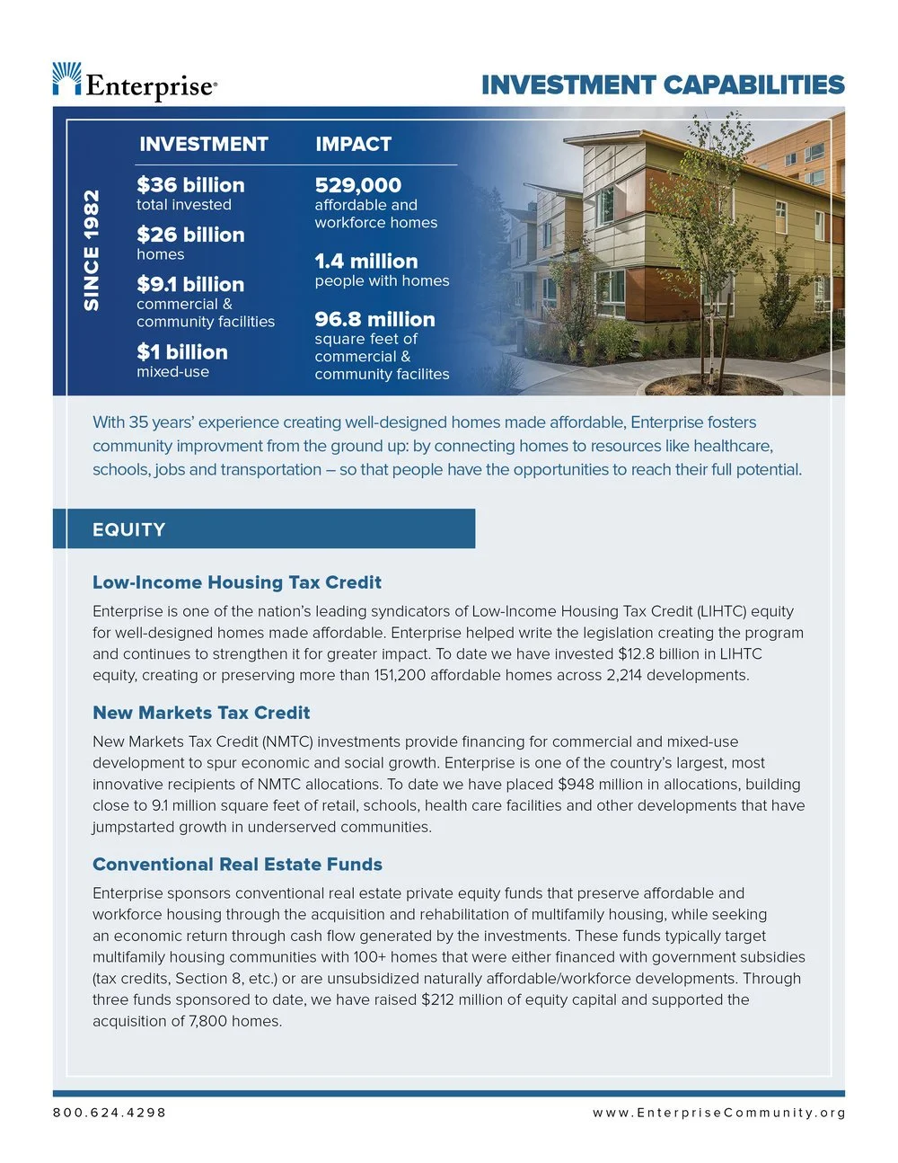 A flyer from Enterprise highlighting investment capabilities since 1982, including total investments of $36 billion, supporting 529,000 affordable homes and 1.4 million people, with 96.8 million square feet of commercial and community facilities, alo