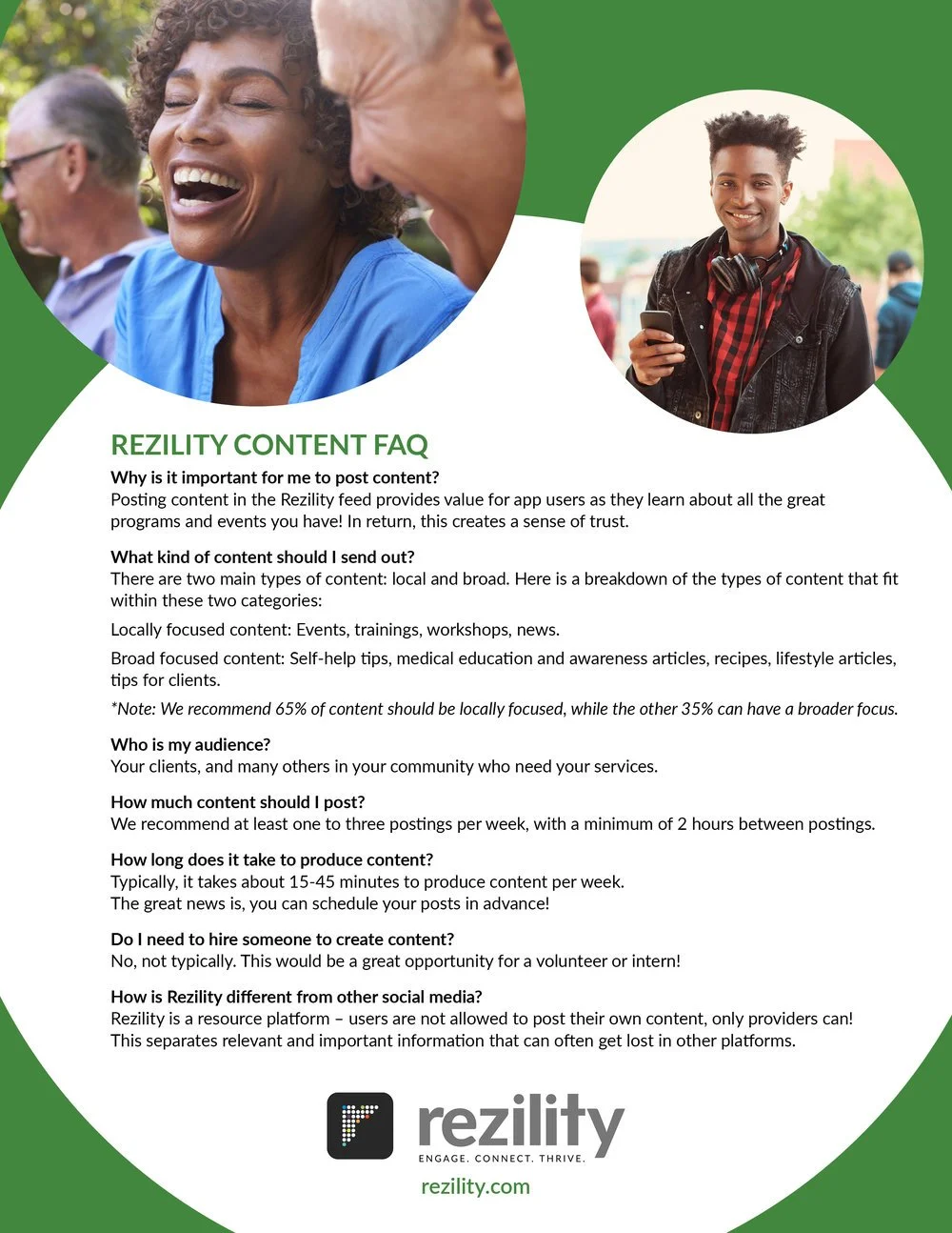 A flyer titled 'REZILITY CONTENT FAQ' featuring a smiling woman with short, curly hair and a blue shirt, and a young man with headphones around his neck holding a phone, set against a green and white background.