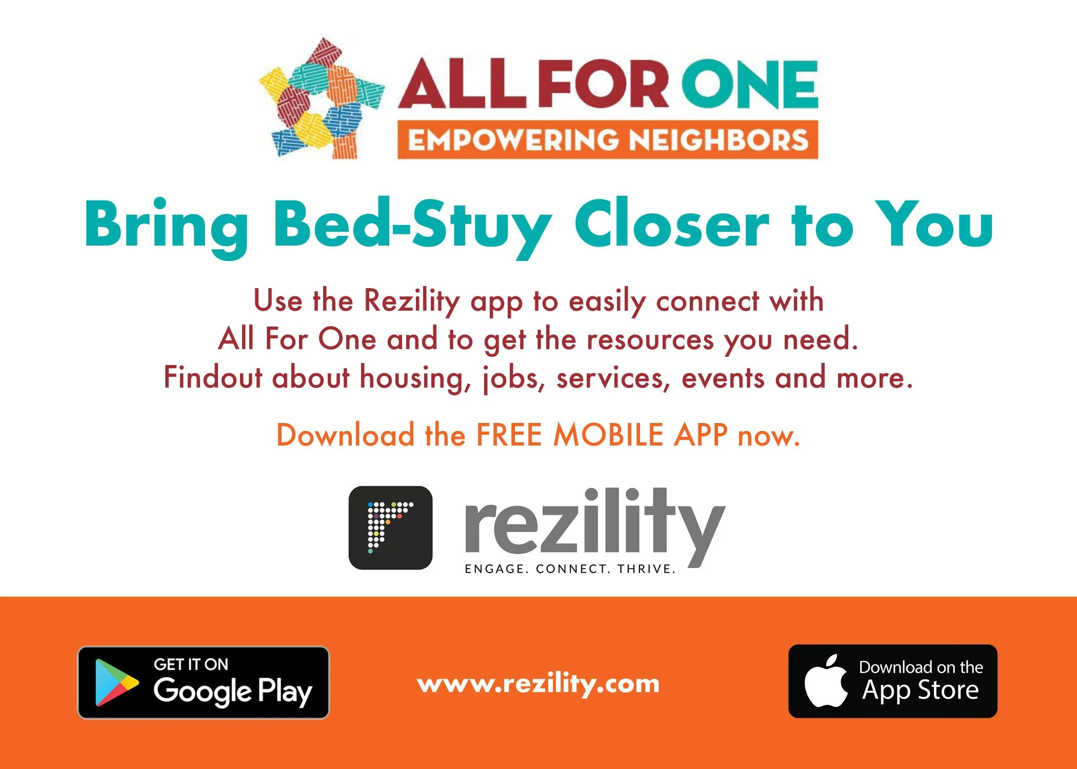 Ad promoting Rezility app for neighborhood resources, with download links for Google Play and the App Store, encouraging bringing bed-stay closer to home.