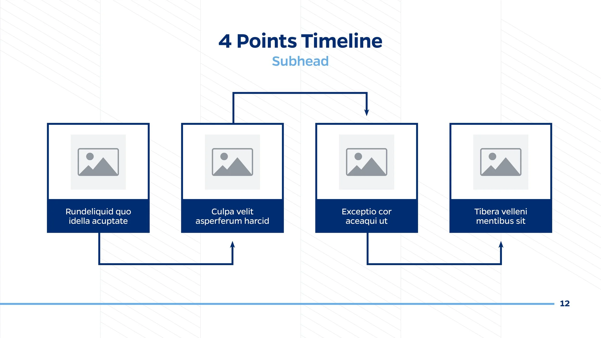 A flowchart titled '4 Points Timeline' with four boxes connected by arrows, each containing placeholder image icons and Latin placeholder text, on a light background with blue accents.