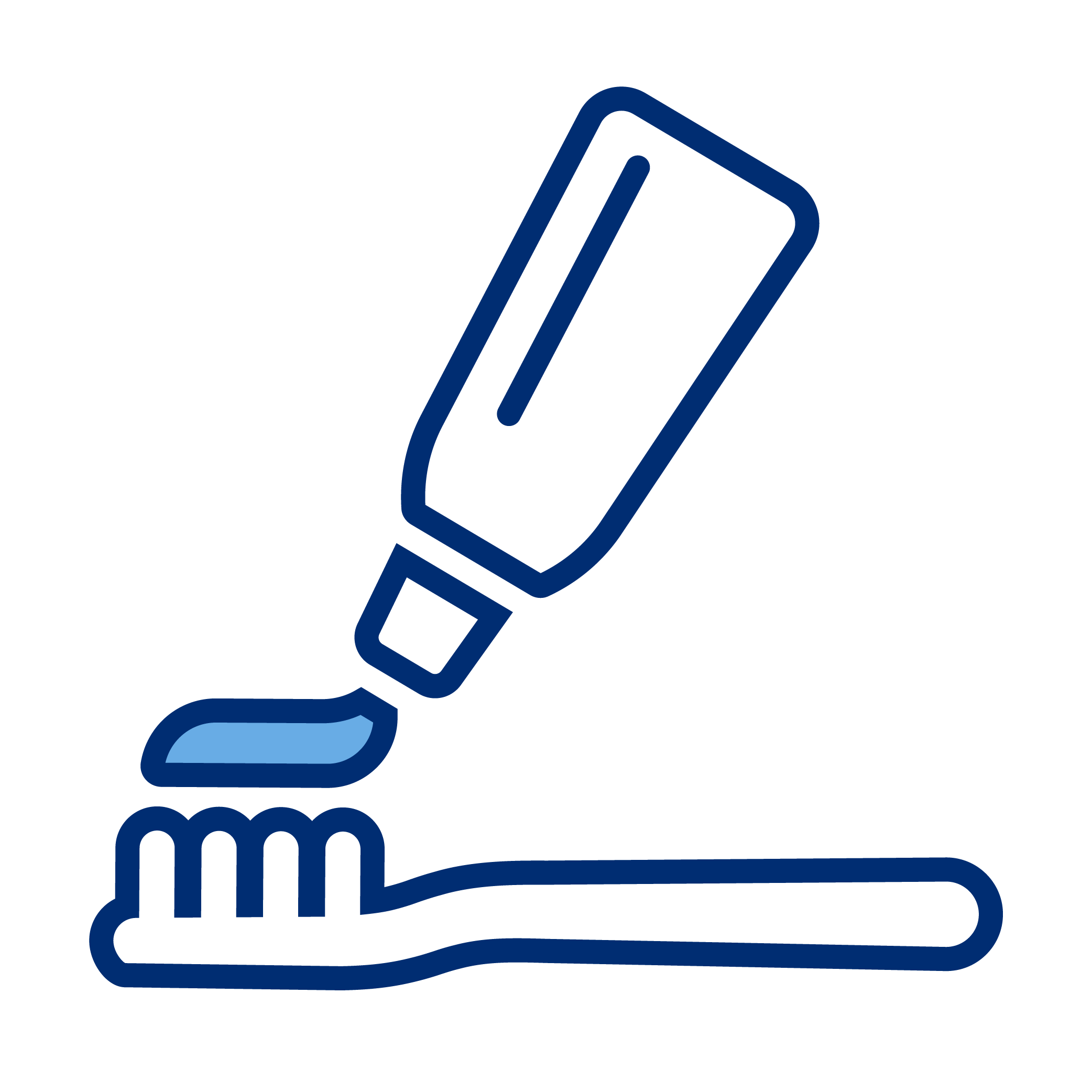 Outline illustration of a tube of toothpaste squeezing out onto a toothbrush.