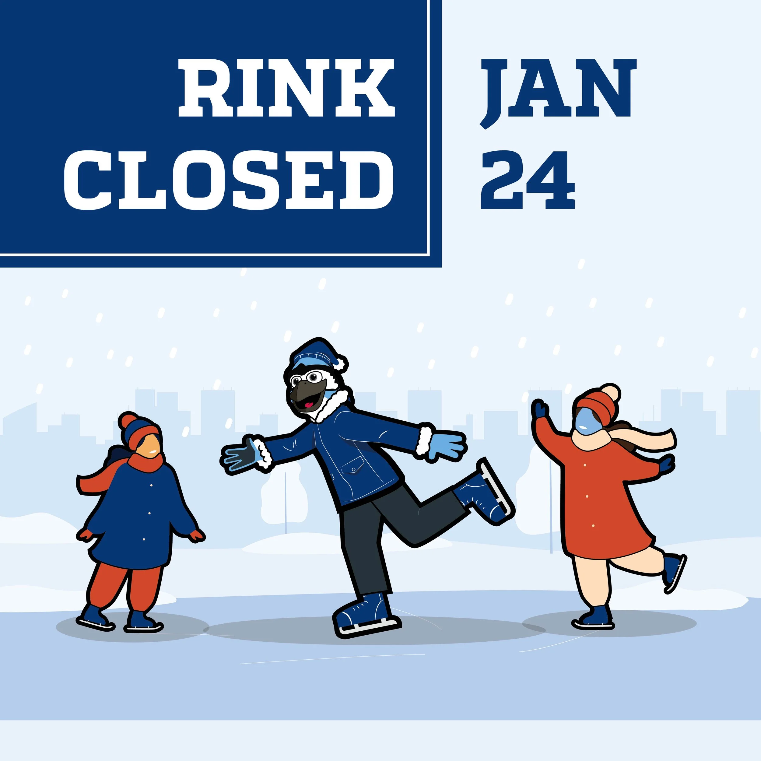 A sign indicating that the rink is closed on January 24. Below the sign, three animated people wearing winter clothes and ice skating on an outdoor rink in a snowy cityscape.