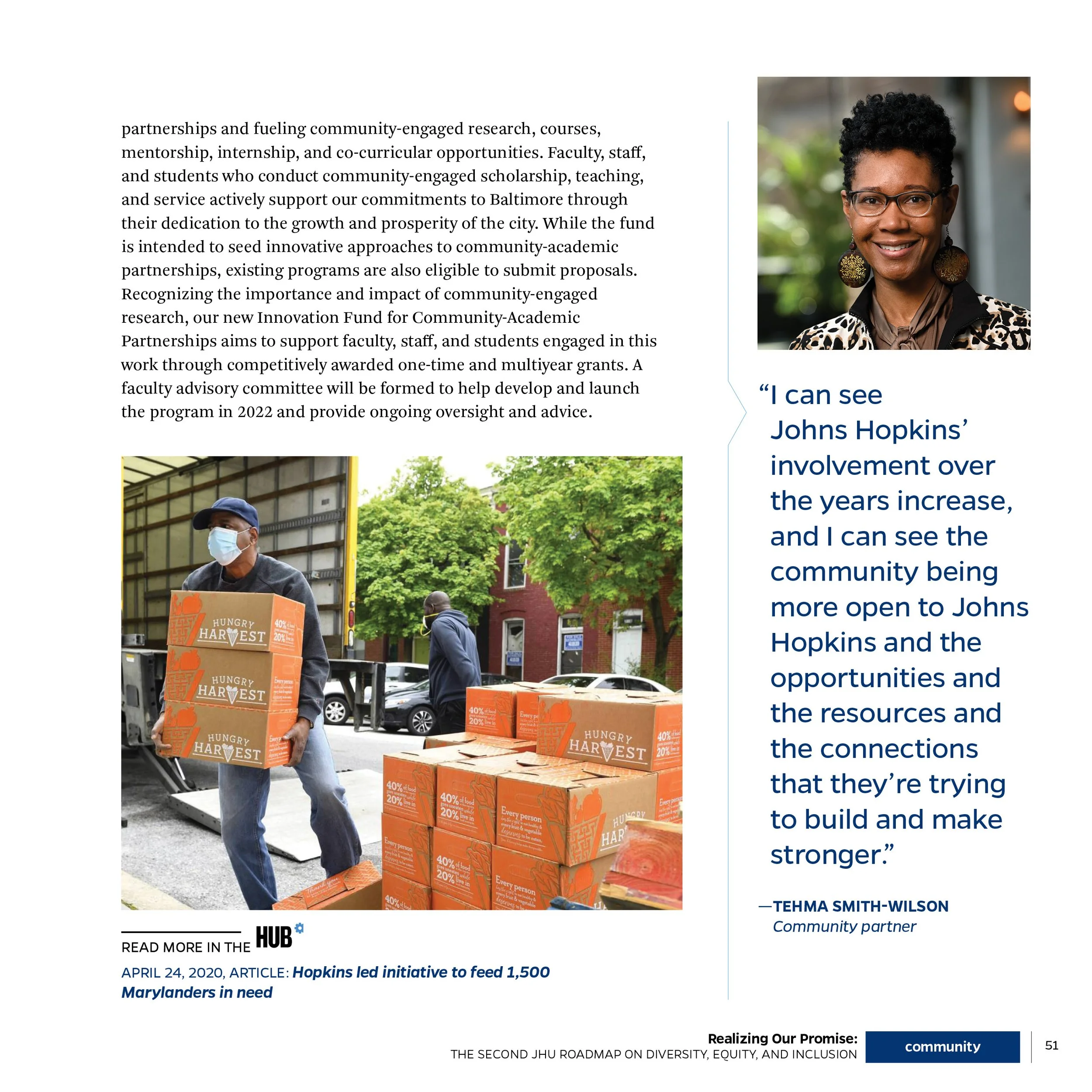 A page from a publication featuring a woman with short curly hair, glasses, and large earrings, smiling in a professional setting, alongside a photo of a man wearing a face mask and a blue cap, carrying boxes labeled "Hungry Harvest" during a communi