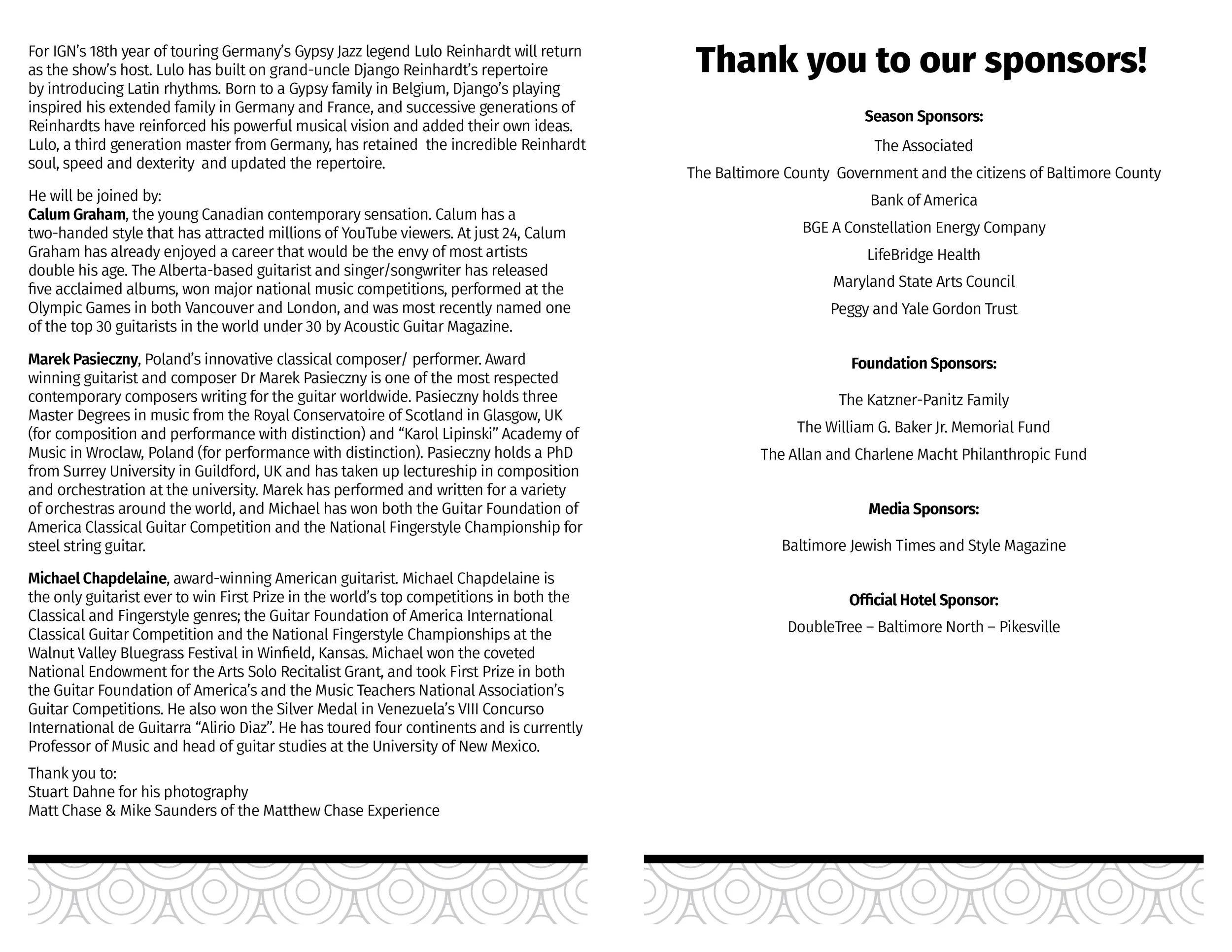 Page with text in two columns thanking sponsors for the event, listing season, foundation, media, and official hotel sponsors, with decorative black and white pattern at the bottom.