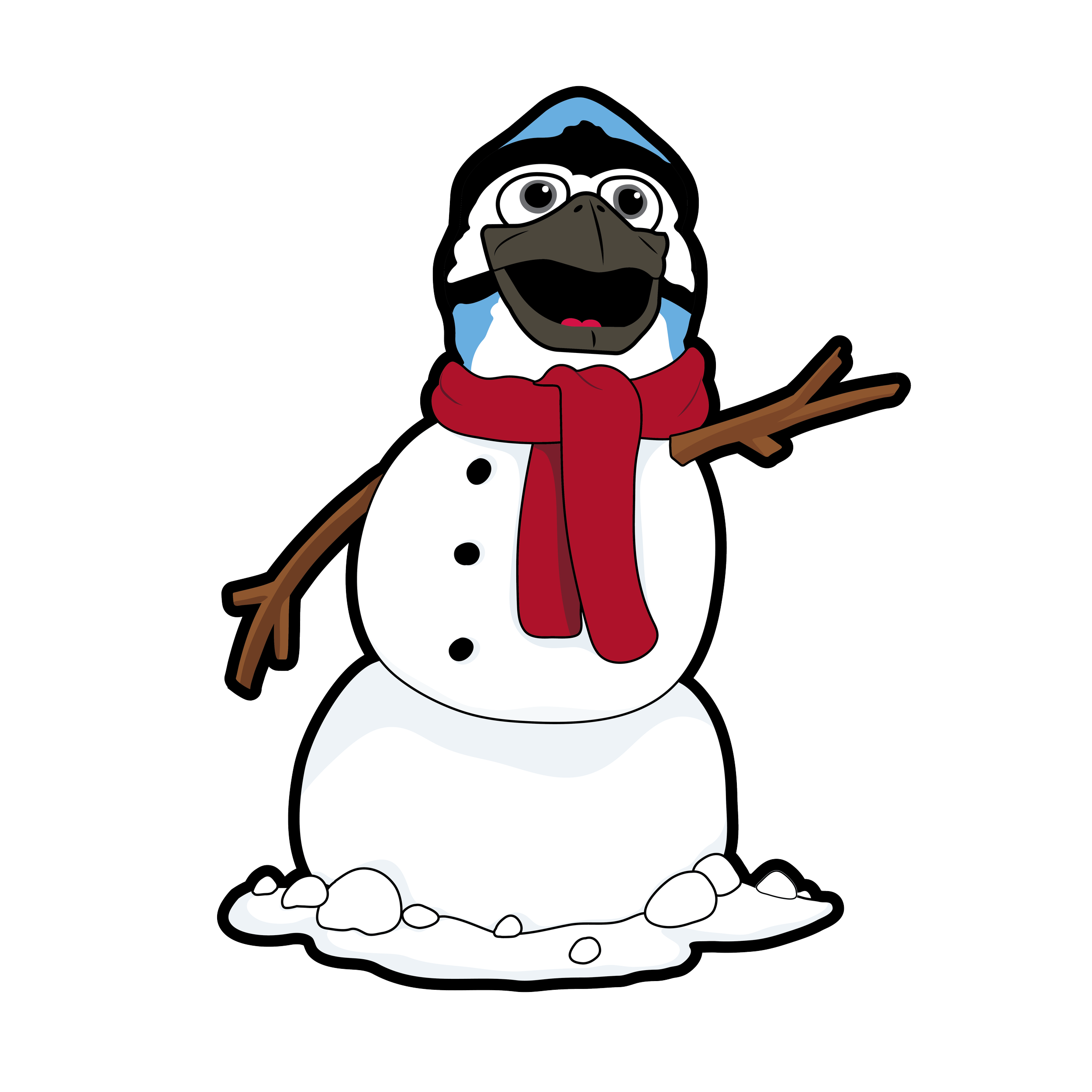 Cartoon snowman with a red scarf, dark branch arms, and a black face mask, standing on snow with a black background and a white rectangular shape.