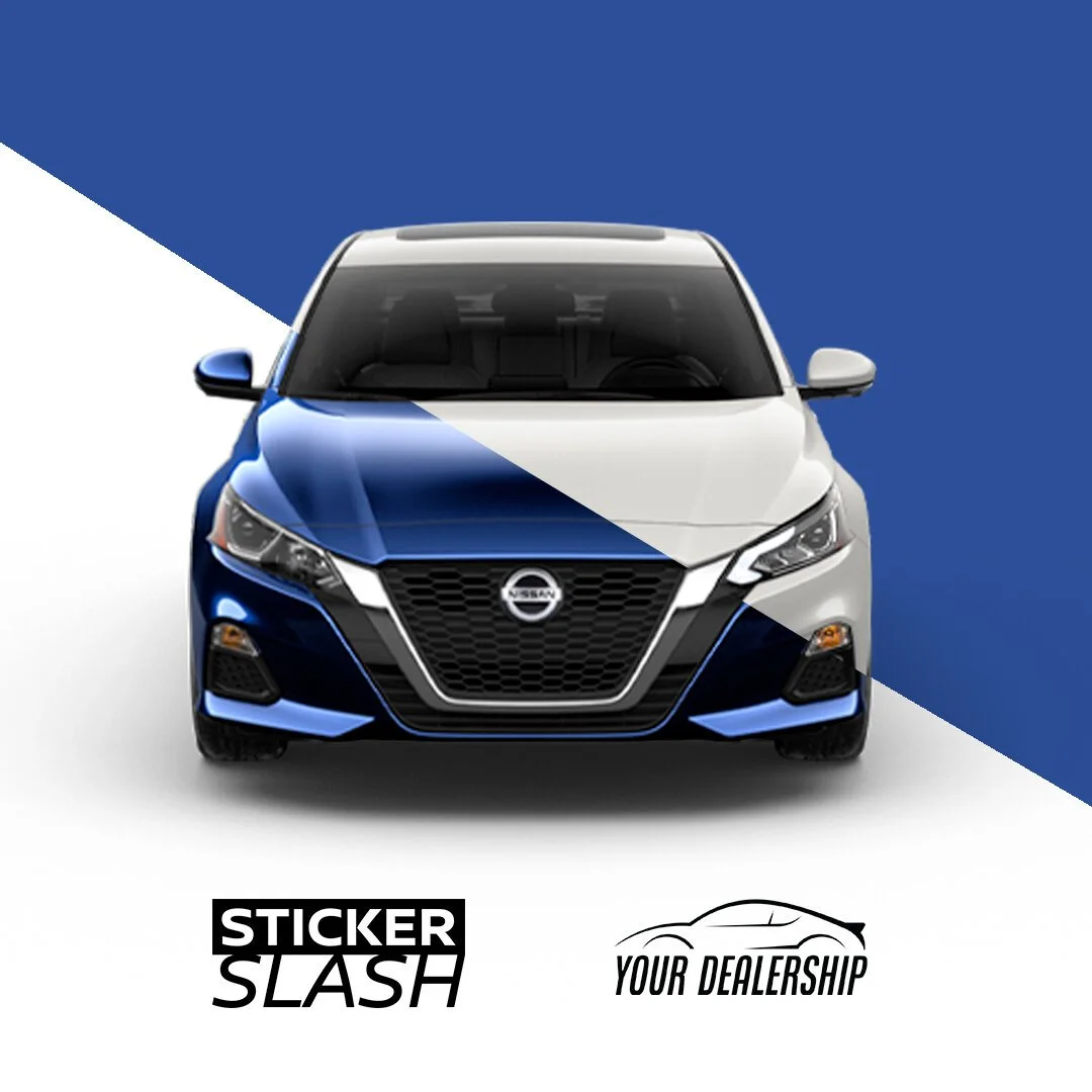 Front view of a blue and white Nissan sedan with a split background of white and dark blue, featuring the text 'Sticker Slash' and 'Your Dealership' with car illustrations.