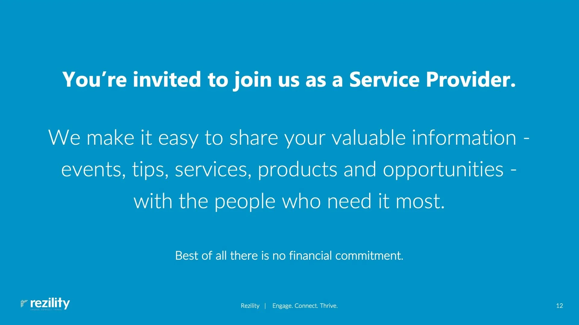 Invitation slide from Rezility with a blue background and white text, inviting to join as a Service Provider, explaining that it makes it easy to share valuable information like events, tips, and services without financial commitment.