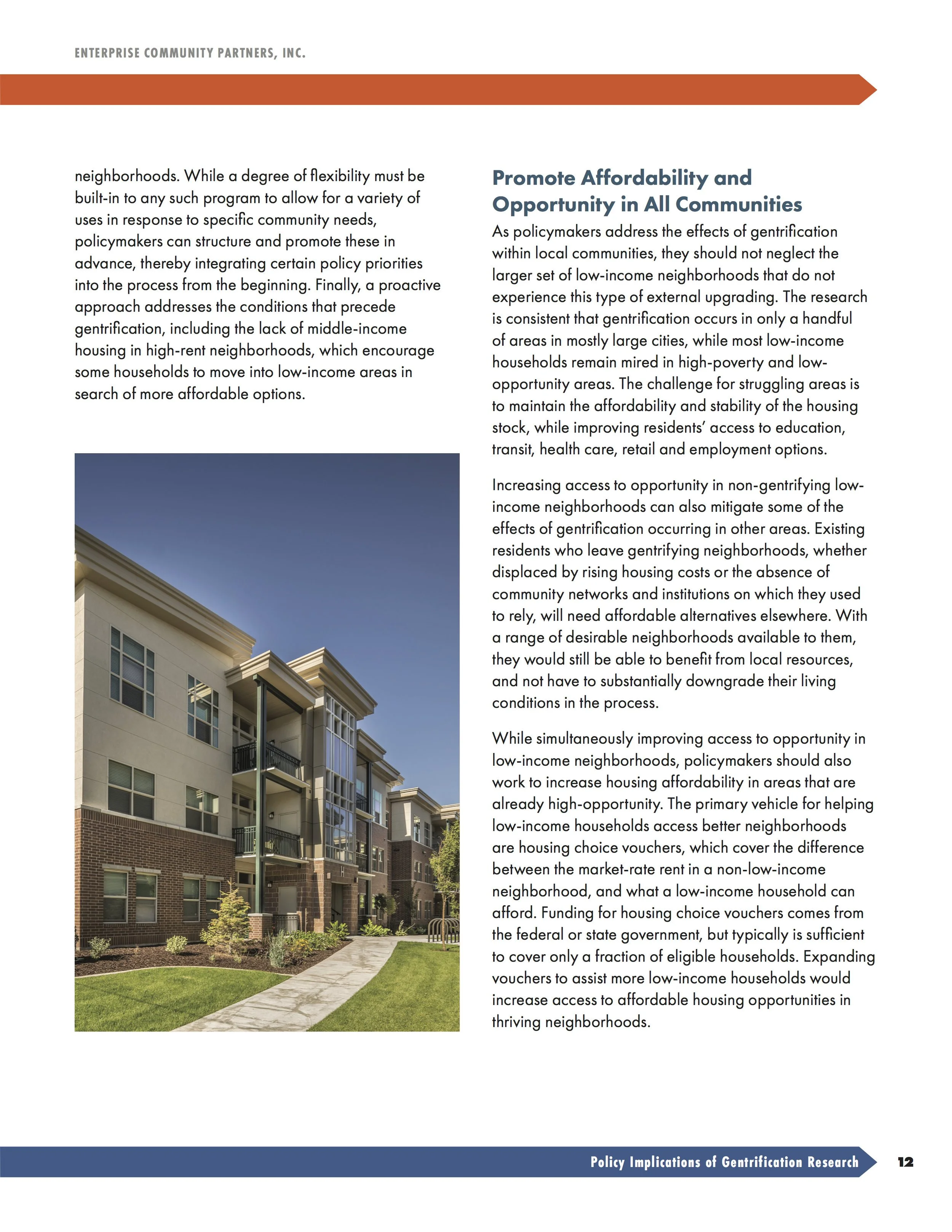 Page from a report titled 'Policy Implications of Gentrification Research' with a photo of a modern apartment building and a green lawn.