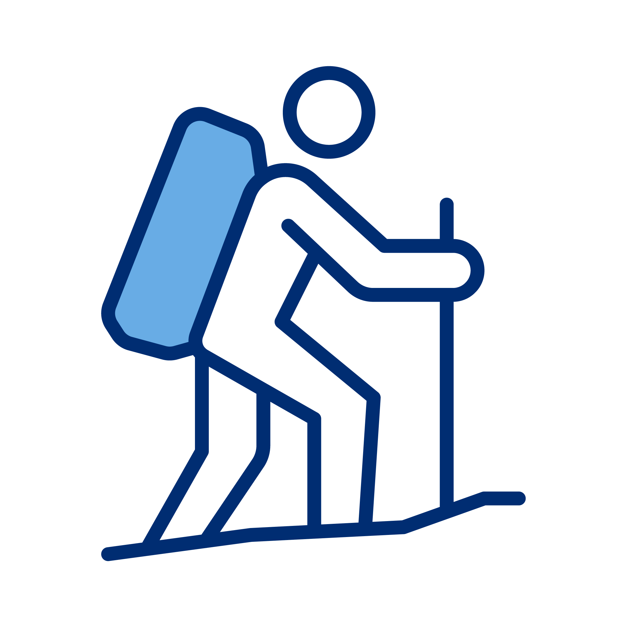 Graphic of a person with a backpack hiking uphill, using a walking stick.