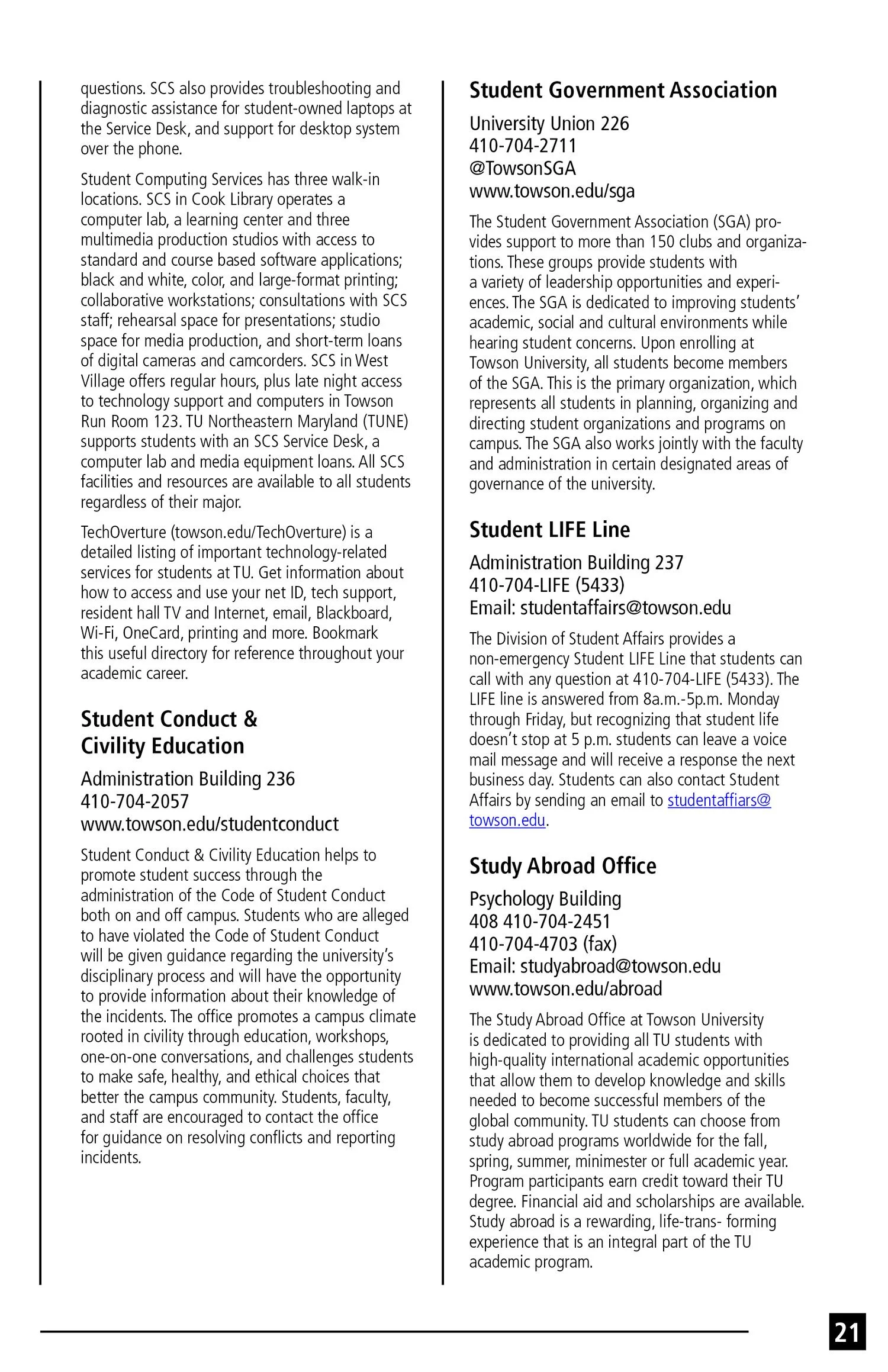 Page 21 of a printed booklet or brochure with sections about student organizations and services at Towson University, including Student Government Association, Student LIFE Line, Student Conduct & Civility Education, and Study Abroad Office. Contains