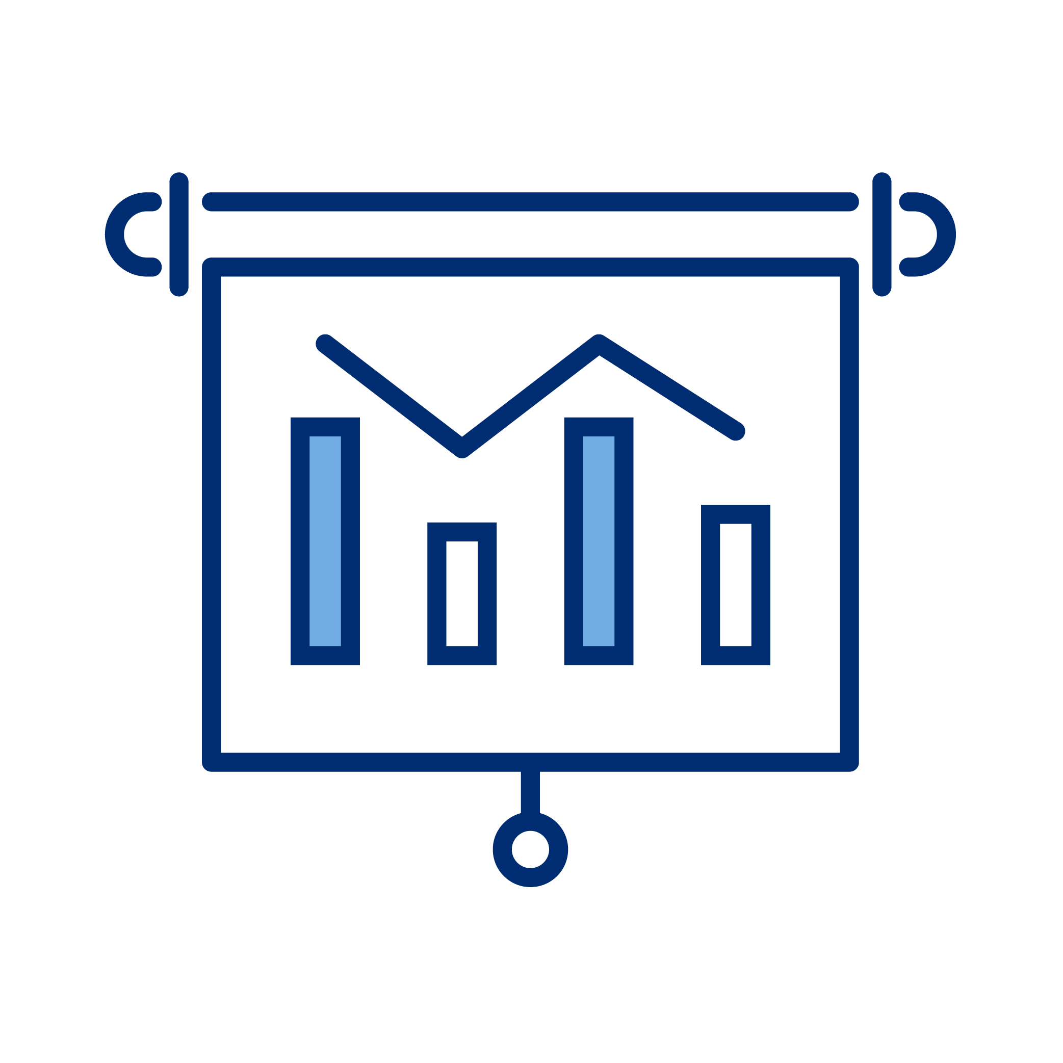 Line and bar chart on a presentation screen with downward trending line.