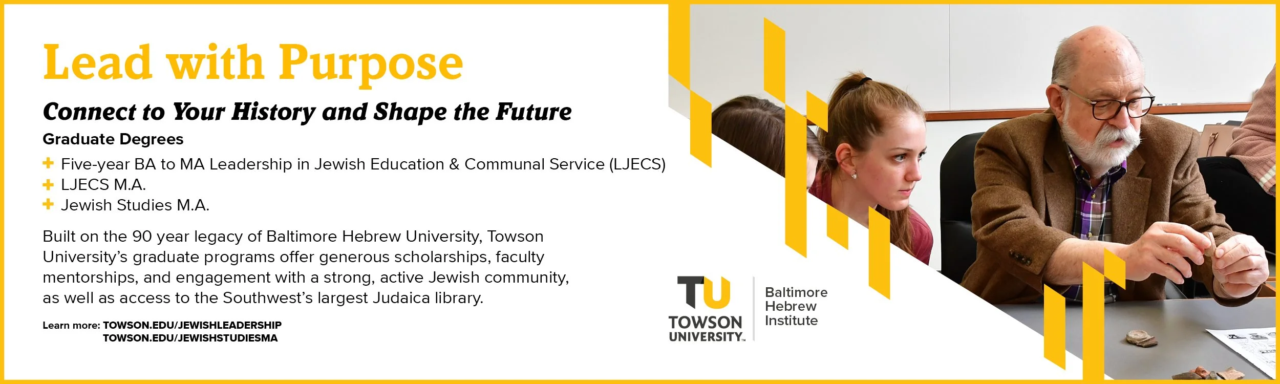 A promotional banner for Towson University's Baltimore Hebrew Institute featuring students and an older man in a classroom setting, with texts about graduate degree programs in Jewish education and studies.