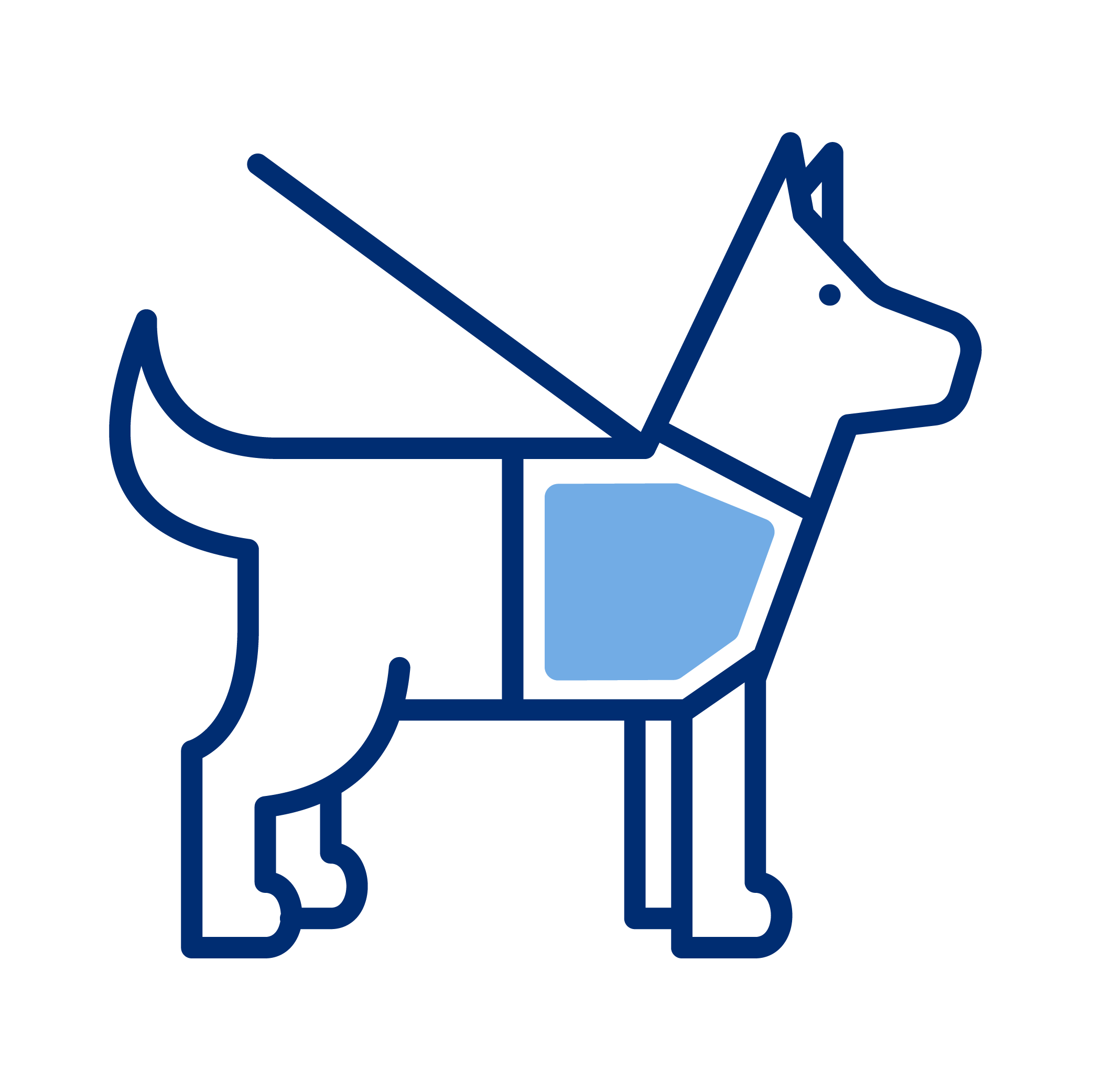 Simplistic line drawing of a dog with three color blocks: black, dark blue, and light blue