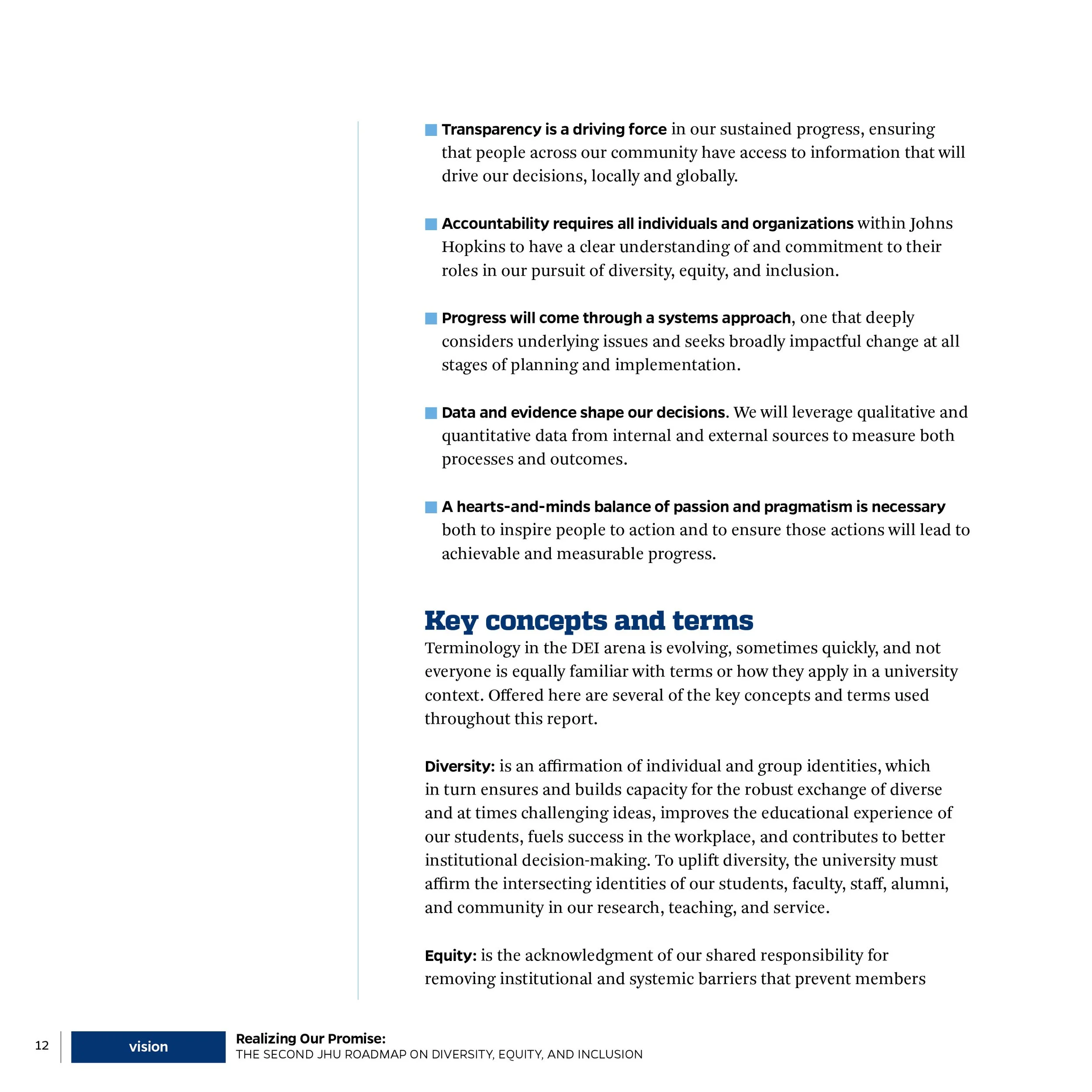 A digital document page containing text about transparency, accountability, progress, data, decision-making, and key concepts in diversity, equity, and inclusion, including definitions of diversity and equity. The page is part of a report with the fo