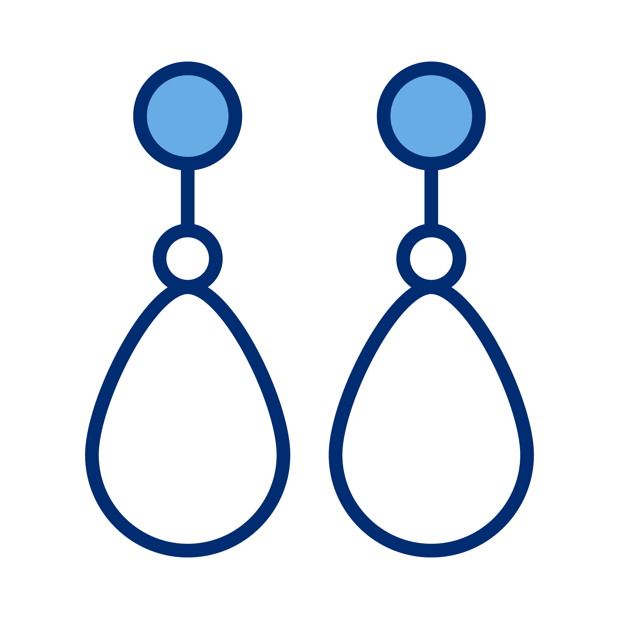Illustration of a pair of earrings with blue circular tops and teardrop-shaped pendants.