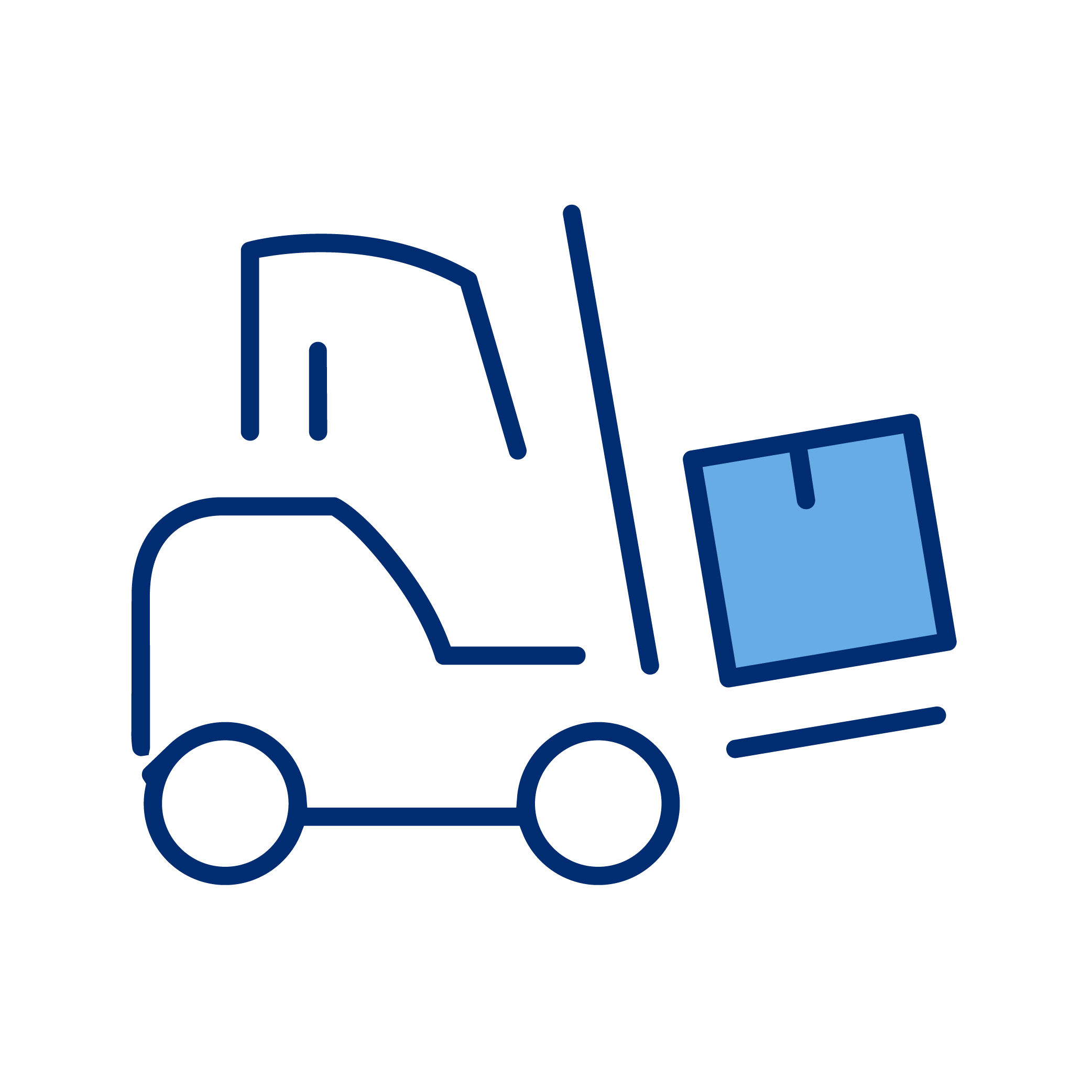 Outline drawing of a forklift with a raised blue pallet.