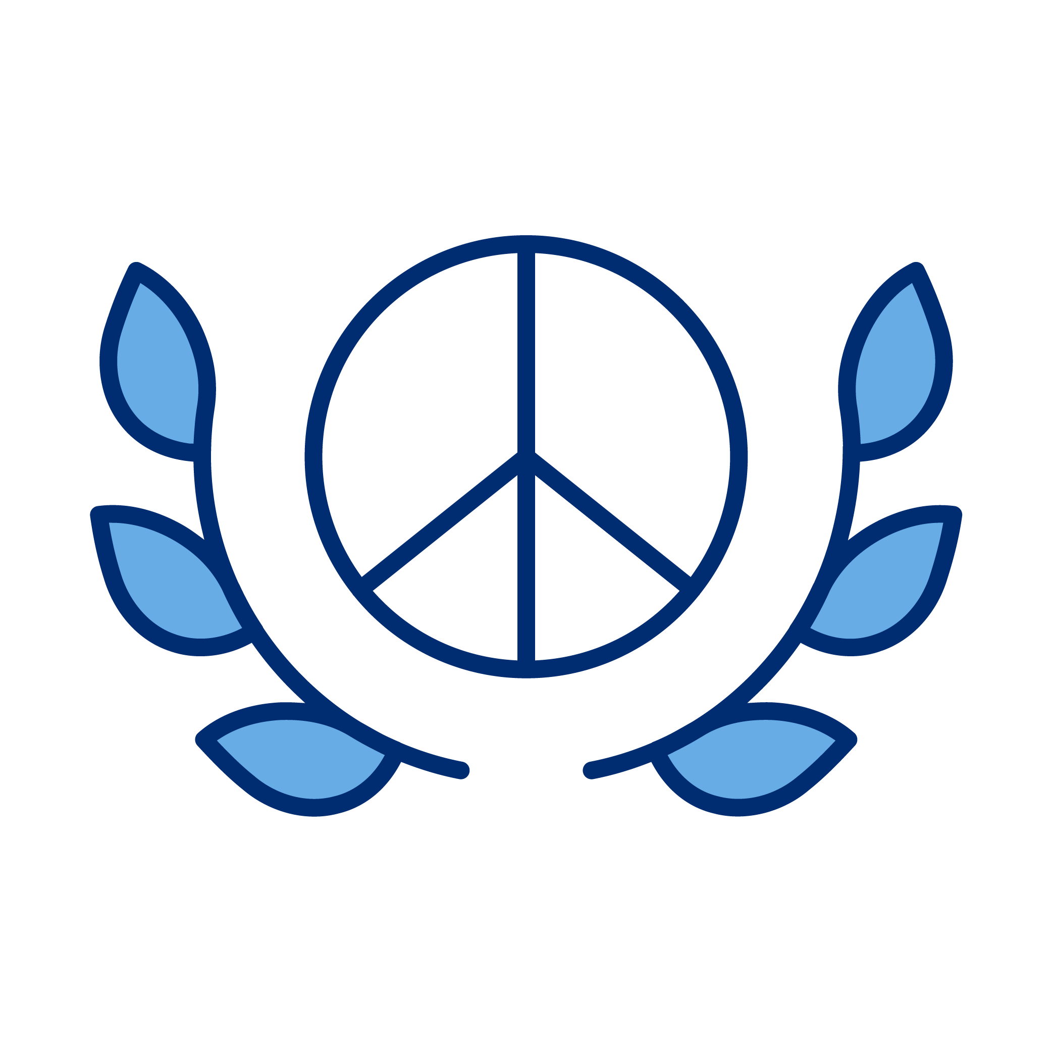 A peace sign surrounded by a laurel wreath in shades of blue.