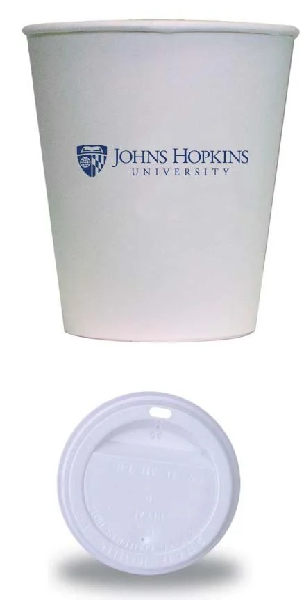 A white paper coffee cup with Johns Hopkins University logo and a white plastic lid.