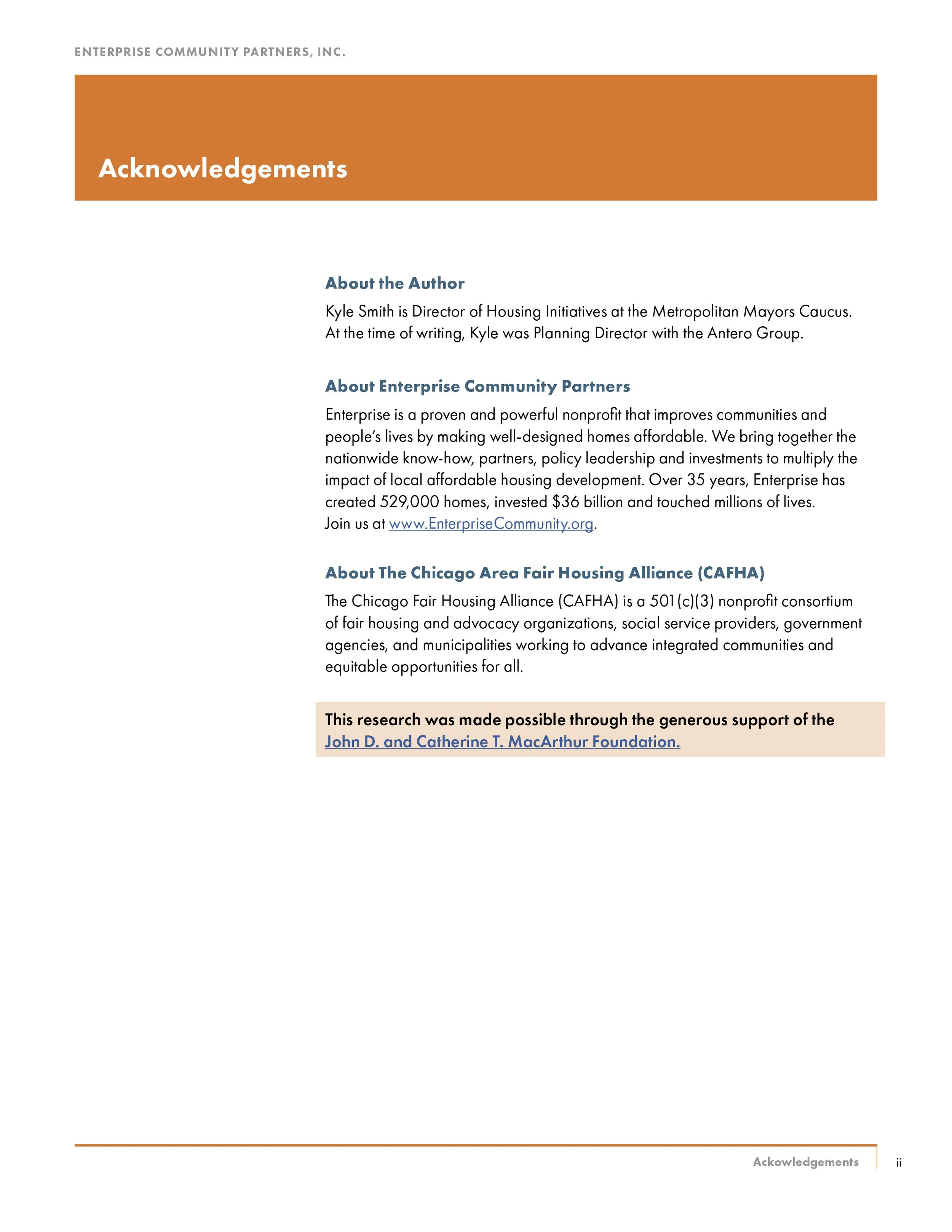 Page from a document with the title 'Acknowledgements' and sections about the author, Enterprise Community Partners, the Chicago Area Fair Housing Alliance, and a note about funding support, presented in a professional format with orange and blue acc