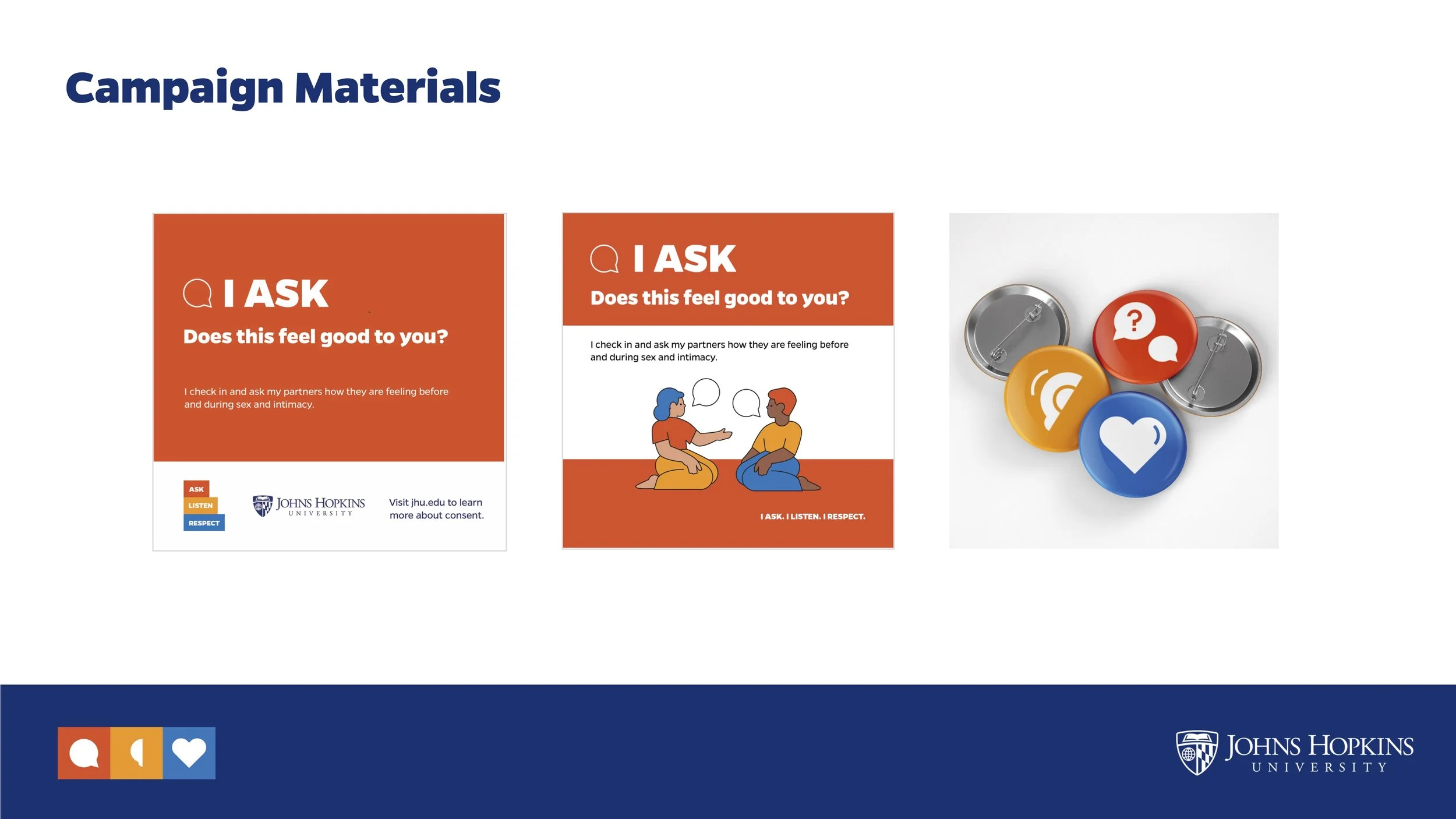 Three campaign materials promoting asking partners about their feelings, with illustrations and buttons, along with John Hopkins University branding at the bottom right.