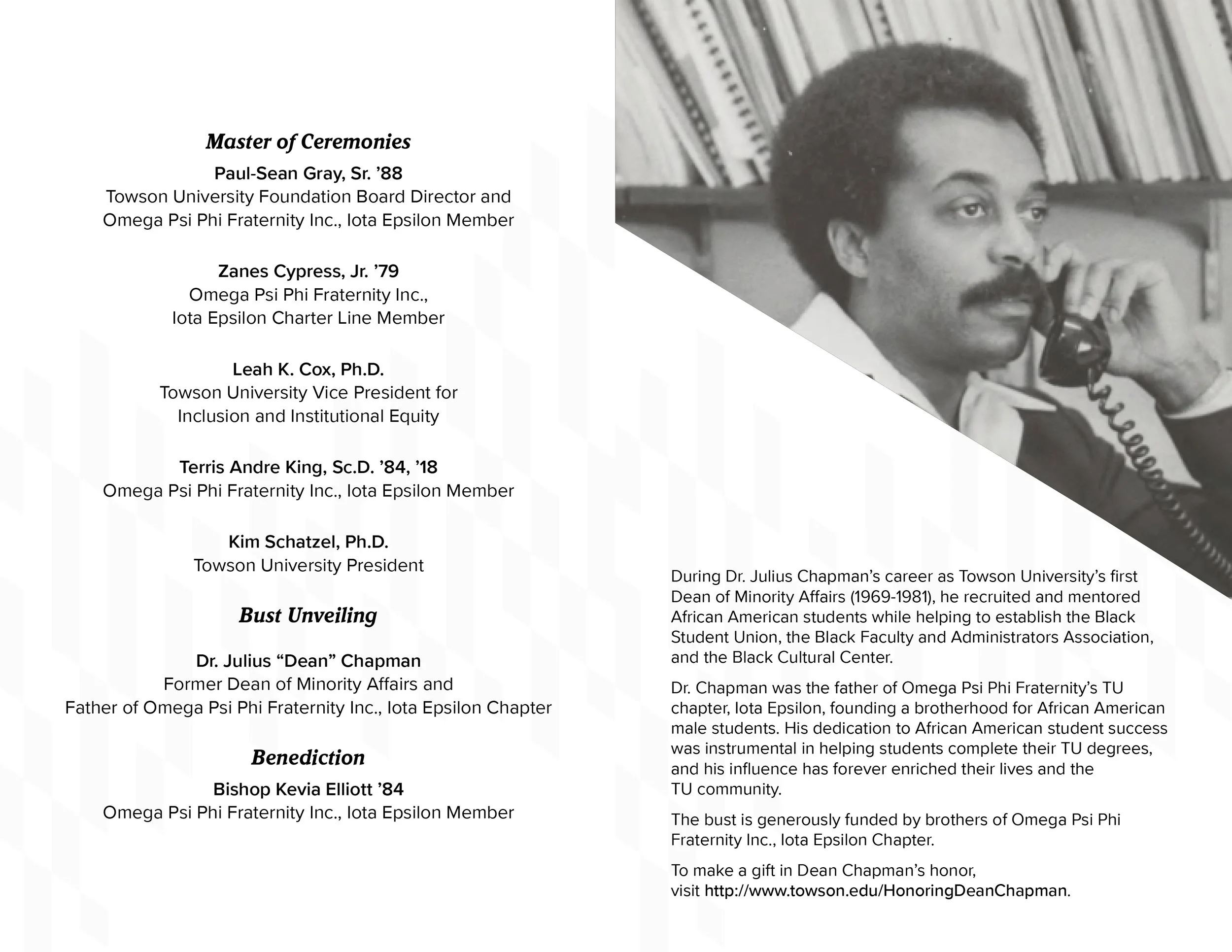 A program for a university event featuring past and current leaders of Tau Sigma Honor Society, including a photo of Dr. Julius Chapman, with text describing his career and contributions, tenure at Towson University, and dedication to supporting Afri