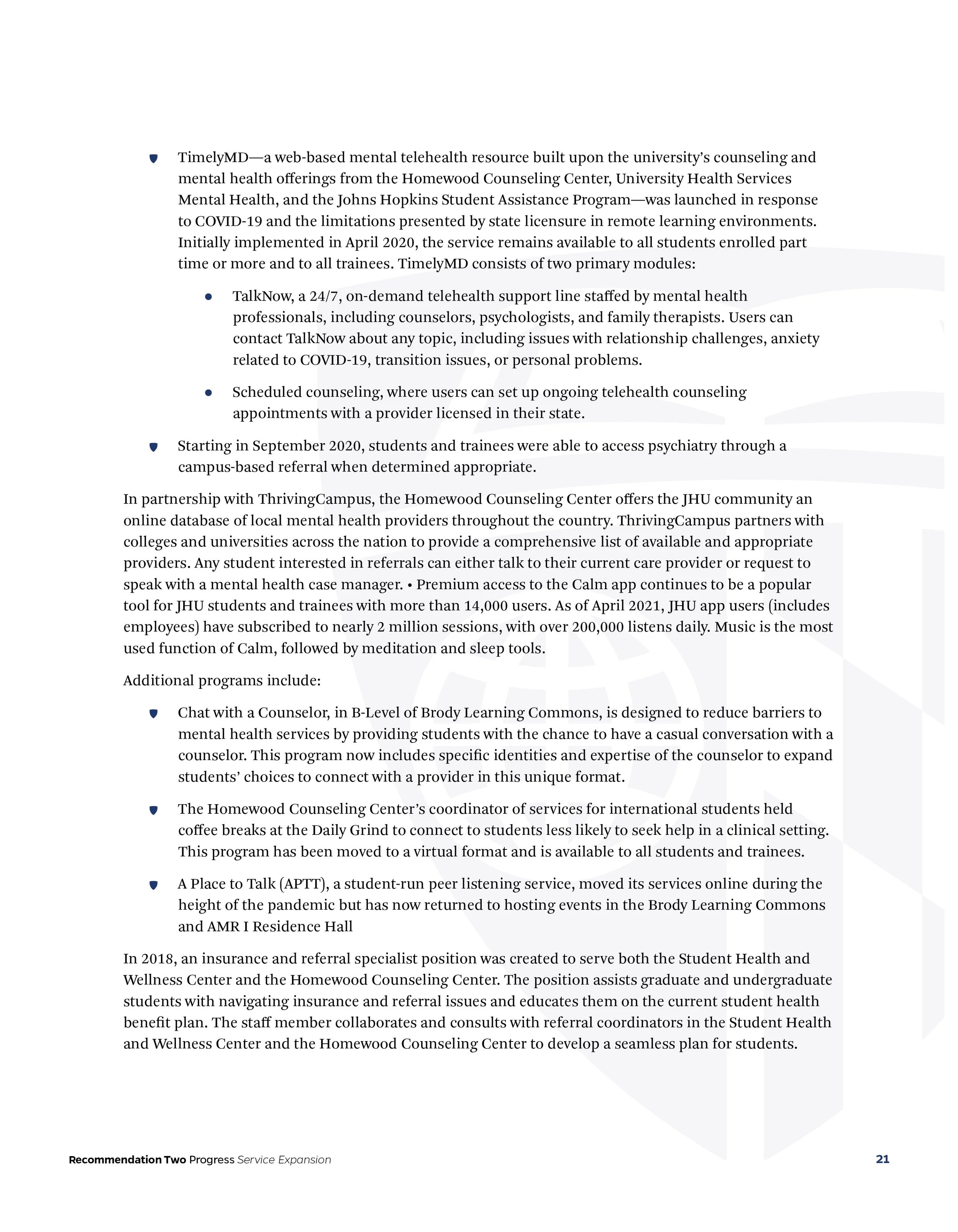 A page from a report discussing the TimelyMD mental health telehealth service at Johns Hopkins University, detailing its modules, programs, partnerships, and additional resources for students.