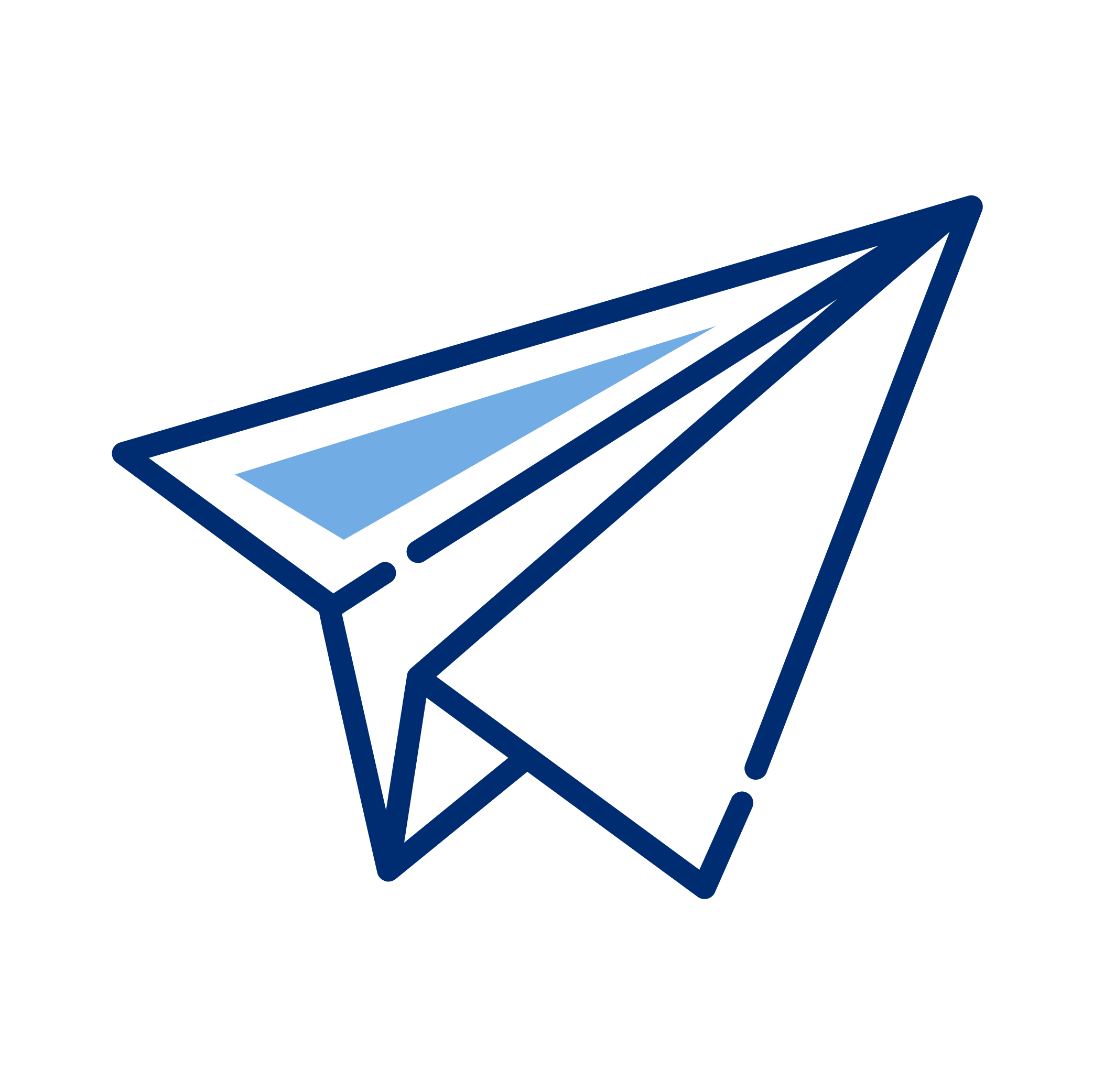 Outline illustration of a paper airplane with blue shading on the wings, set against a black background.