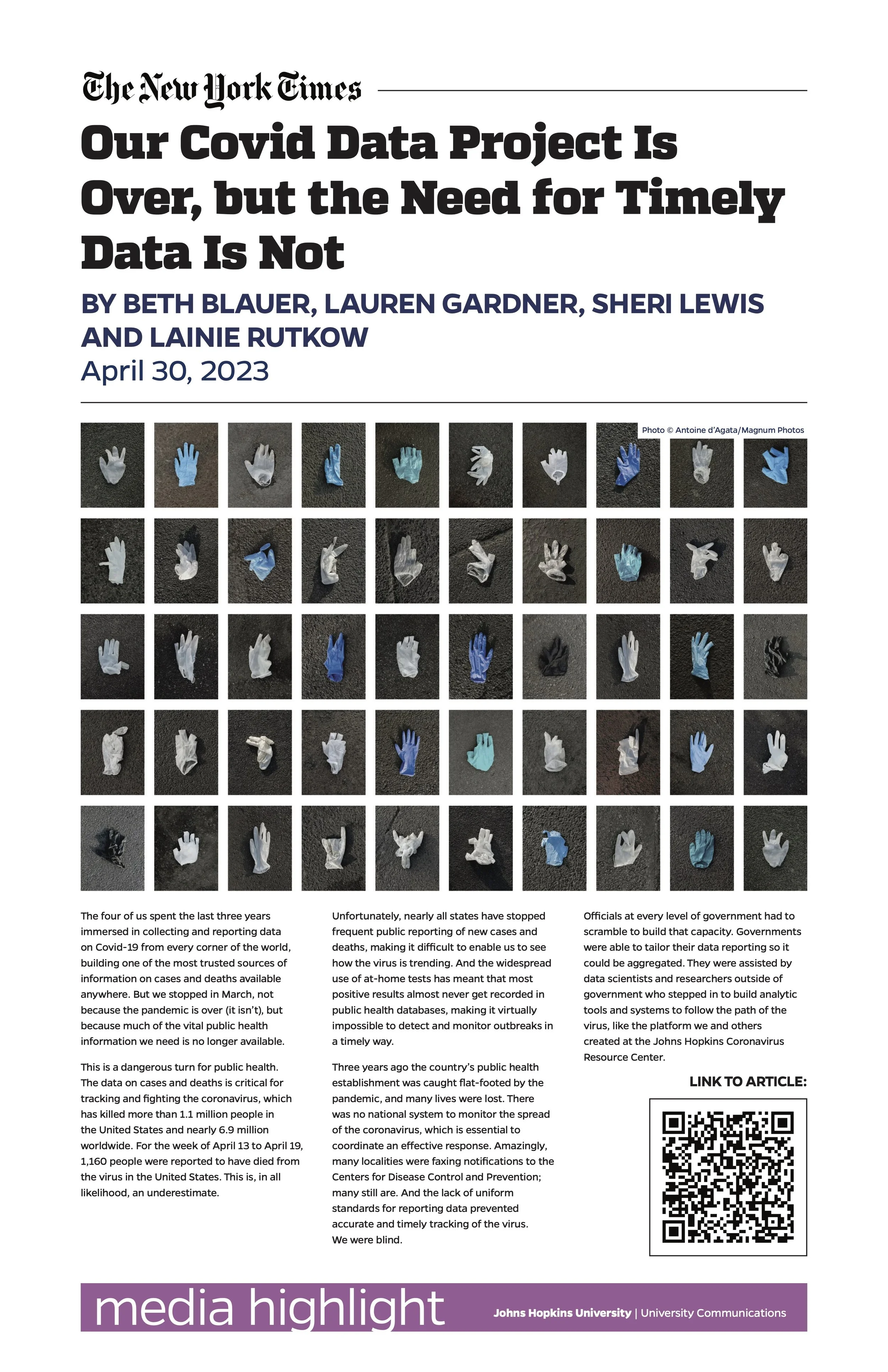 Cover page of a New York Times article titled 'Our Covid Data Project Is Over, but the Need for Timely Data Is Not' with a photo of multiple small gloves arranged on a dark surface, accompanied by text discussing Covid data reporting and public healt