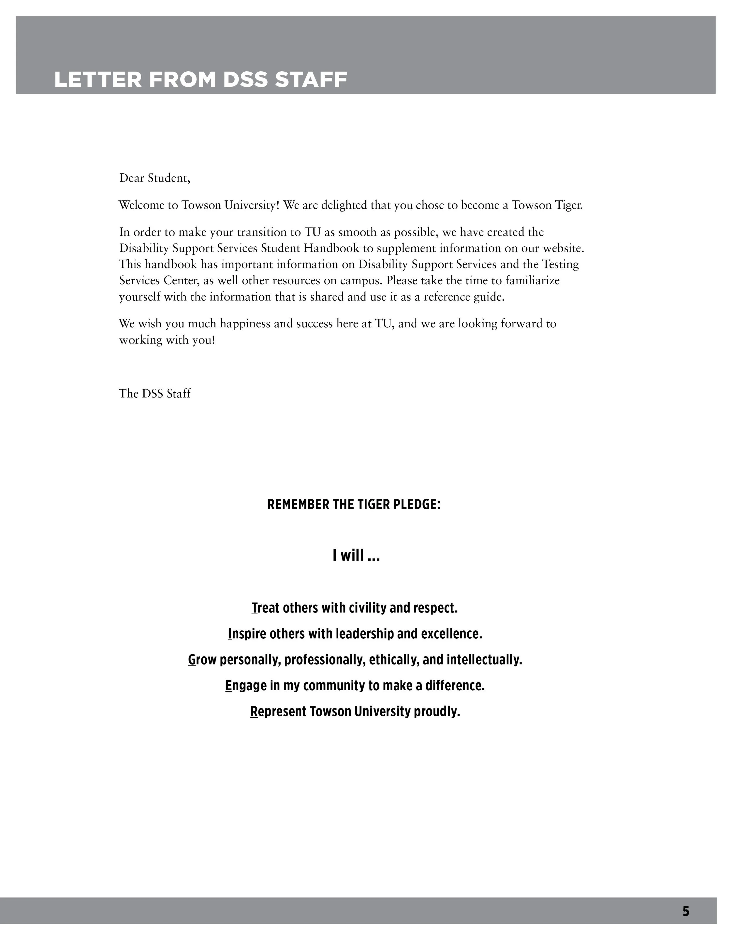 Letter from DSS Staff at Towson University, including the Tiger Pledge with commitments to civility, leadership, growth, community engagement, and pride in representing the university.
