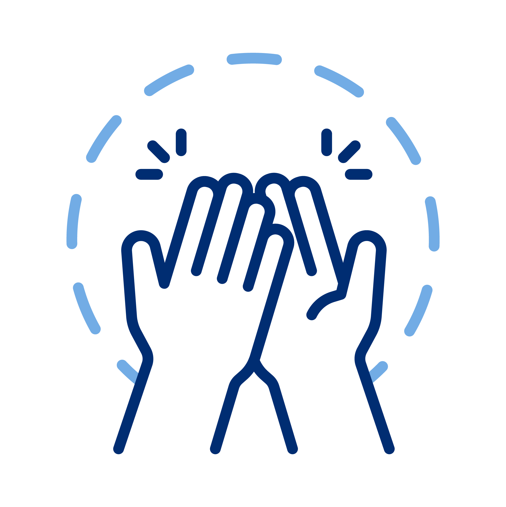 Line drawing of two hands high-fiving, surrounded by a dotted circle, symbolizing teamwork or celebration.