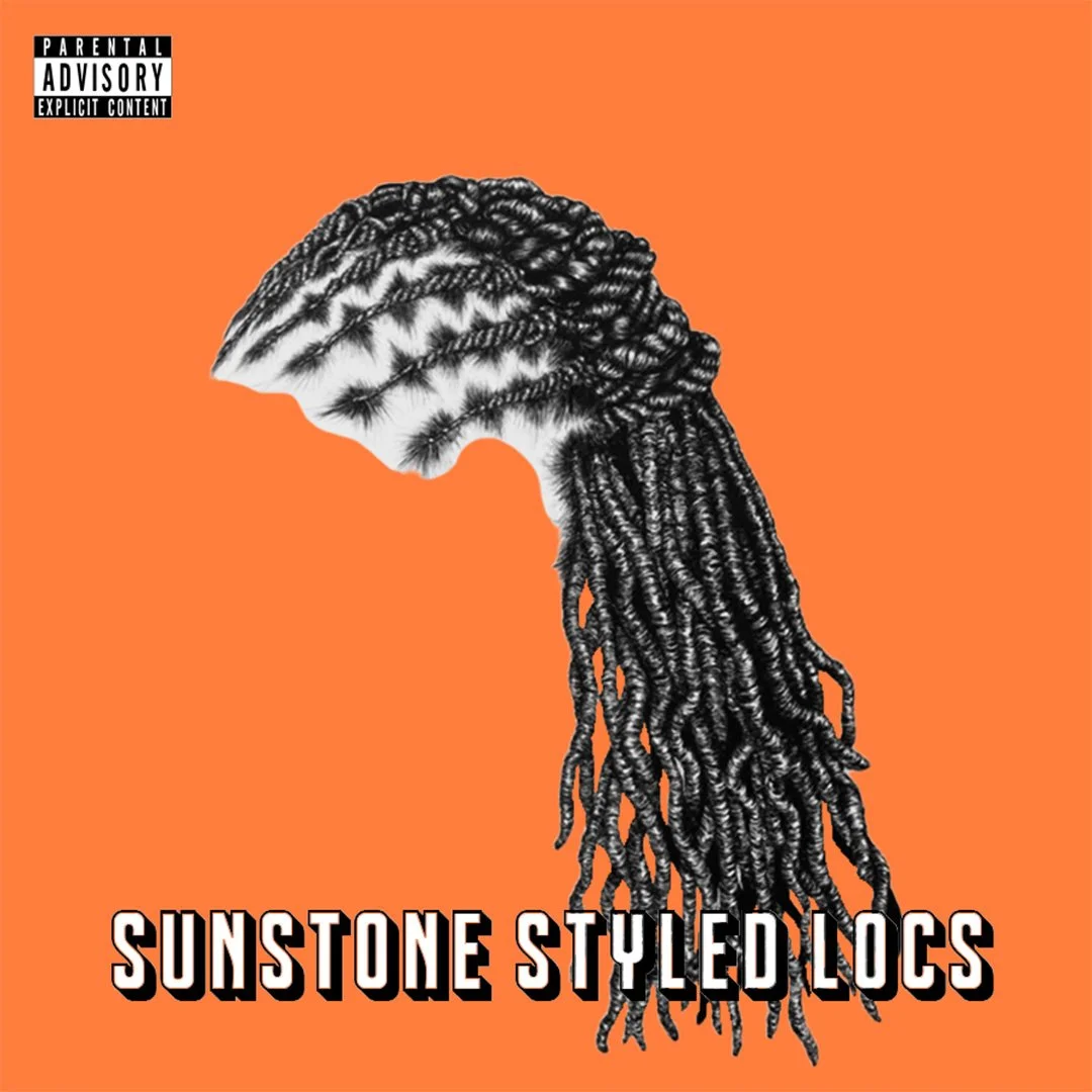 Album cover with orange background featuring black and white colored illustration of a person's head with styled locs, and the text 'Sunstone Styled Locs' at the bottom.