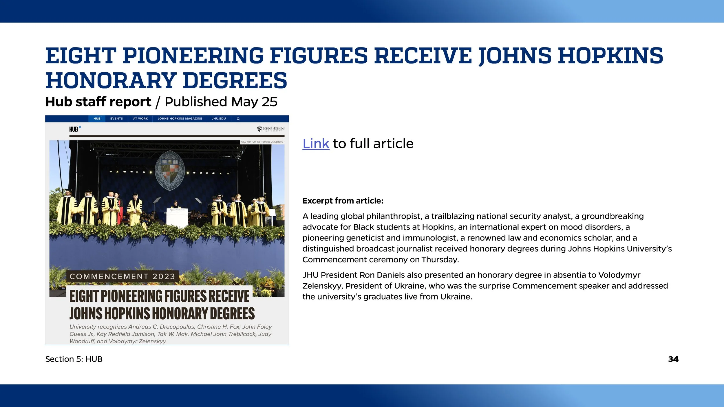A screenshot of a webpage reporting that eight pioneering figures received honorary degrees from Johns Hopkins University during commencement 2023. The page includes a photo of the ceremony stage with people in academic regalia, and a headline that s