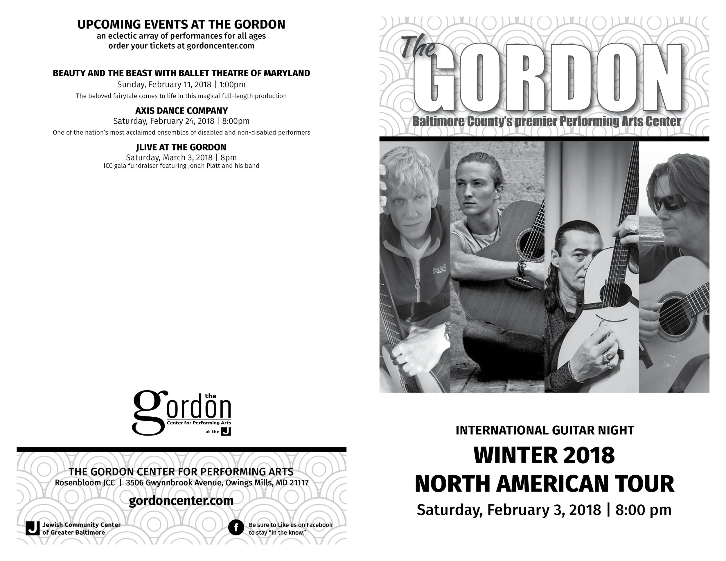 Flyer for the Gordon Center for Performing Arts featuring Black and white photos of four musicians with guitars, promoting the Winter 2018 North American Tour for International Guitar Night on Saturday, February 3, 2018, at 8:00 pm.